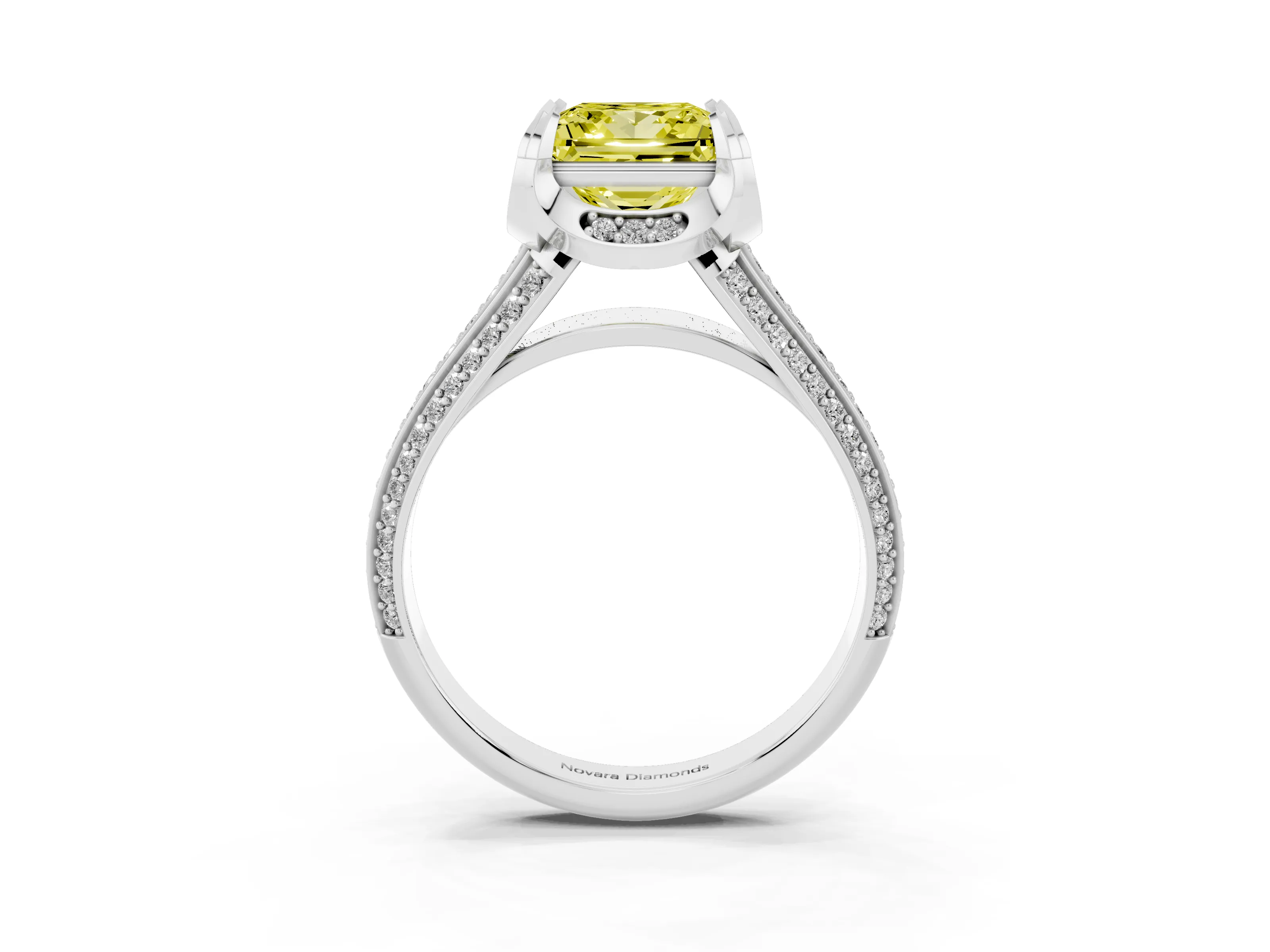 Fancy Yellow Princess Cut Diamond Pavé Split Shank Solitaire Ring Set in Silver with Prong Setting