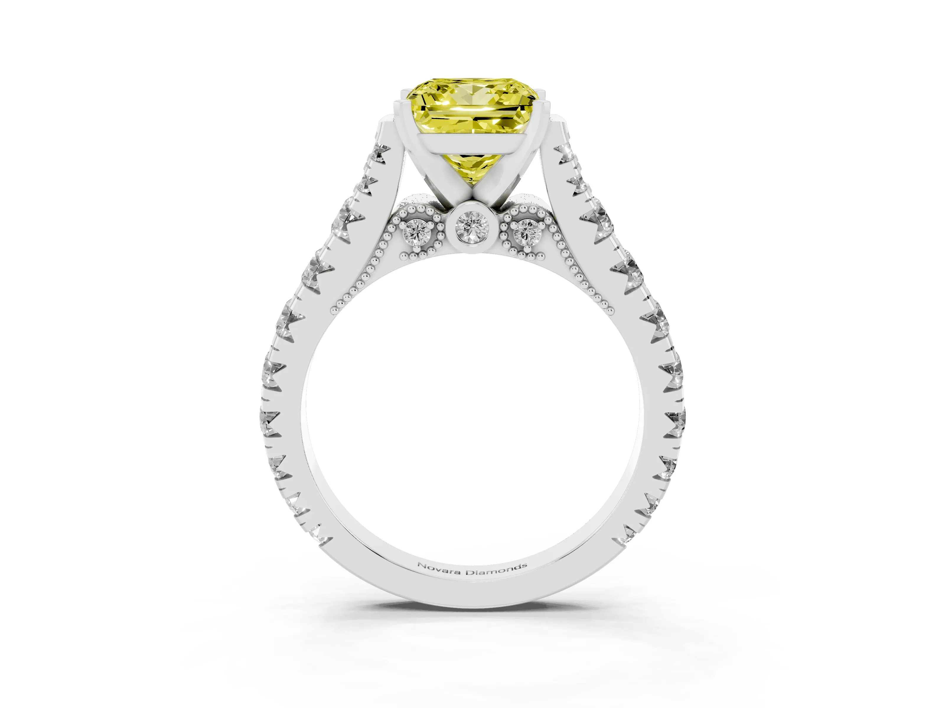 Fancy Yellow Princess Cut Diamond Classic Solitaire Ring Set in Silver with Pavé Band and Prong Setting