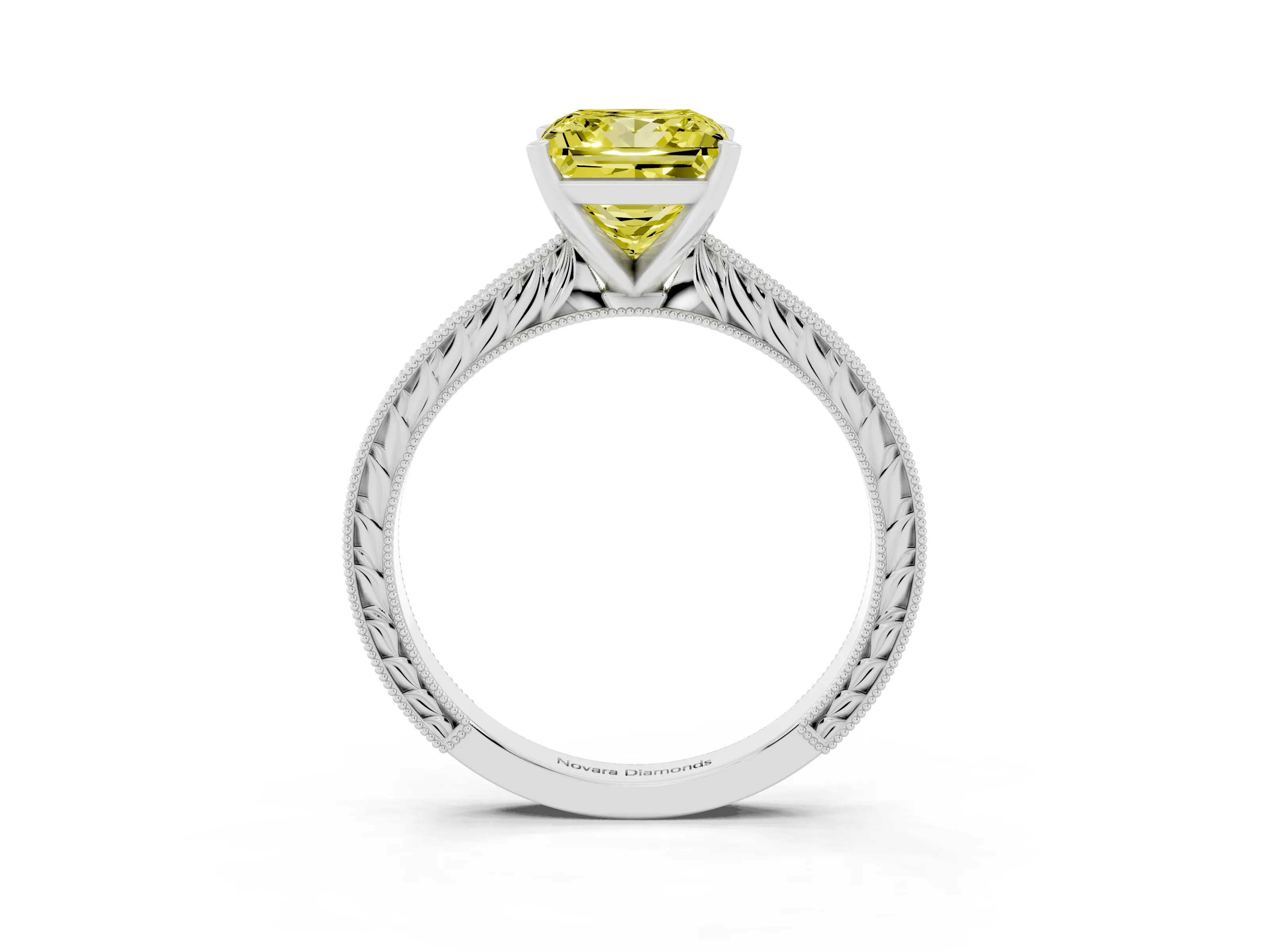 Fancy Yellow Princess Cut Diamond Solitaire Milgrain Engraved Band Set in White gold with Prong Setting