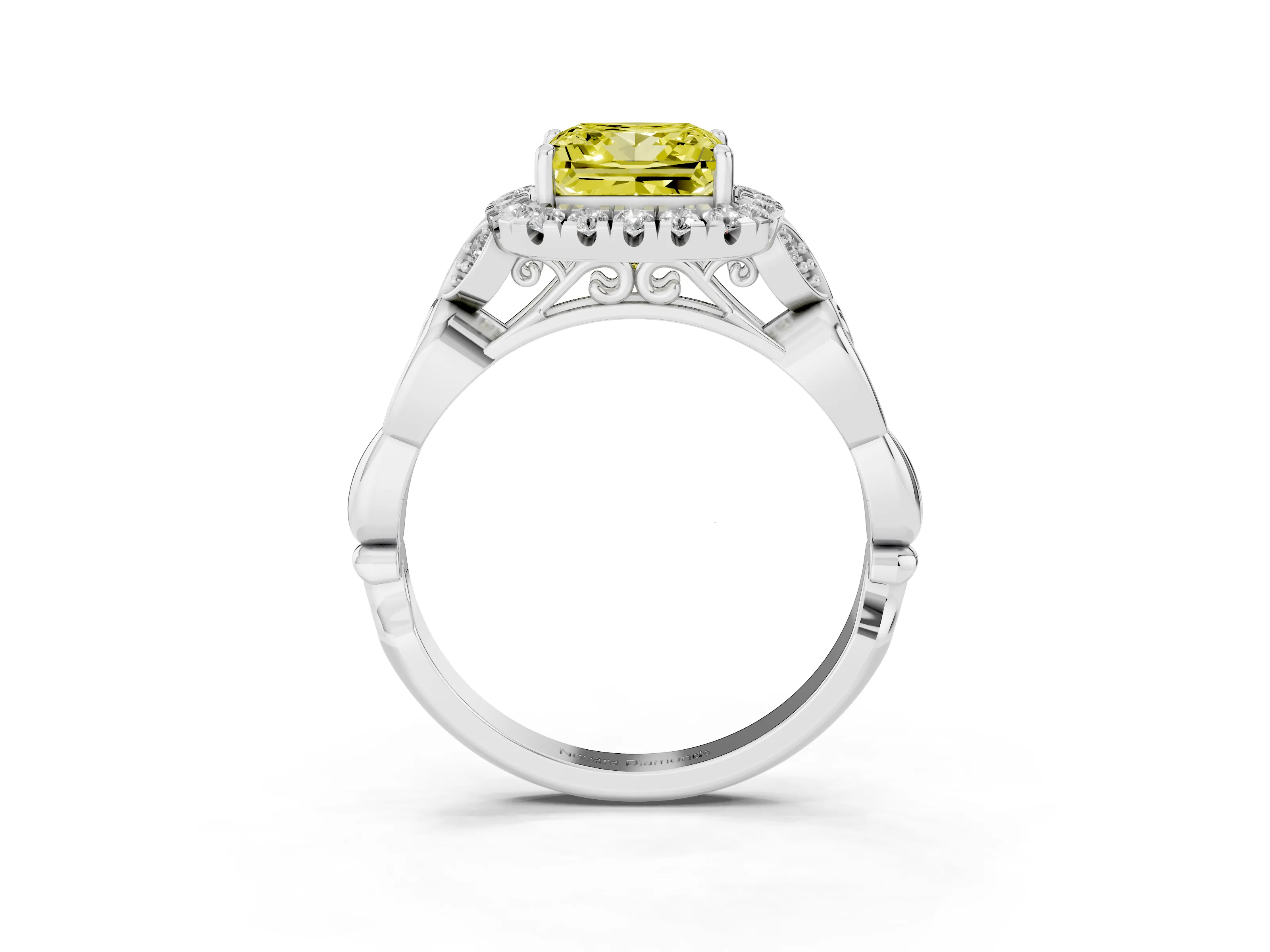 Fancy Yellow Princess Cut Diamond Halo Engagement Ring Set in Platinum with Vintage-Inspired Band and Prong Setting
