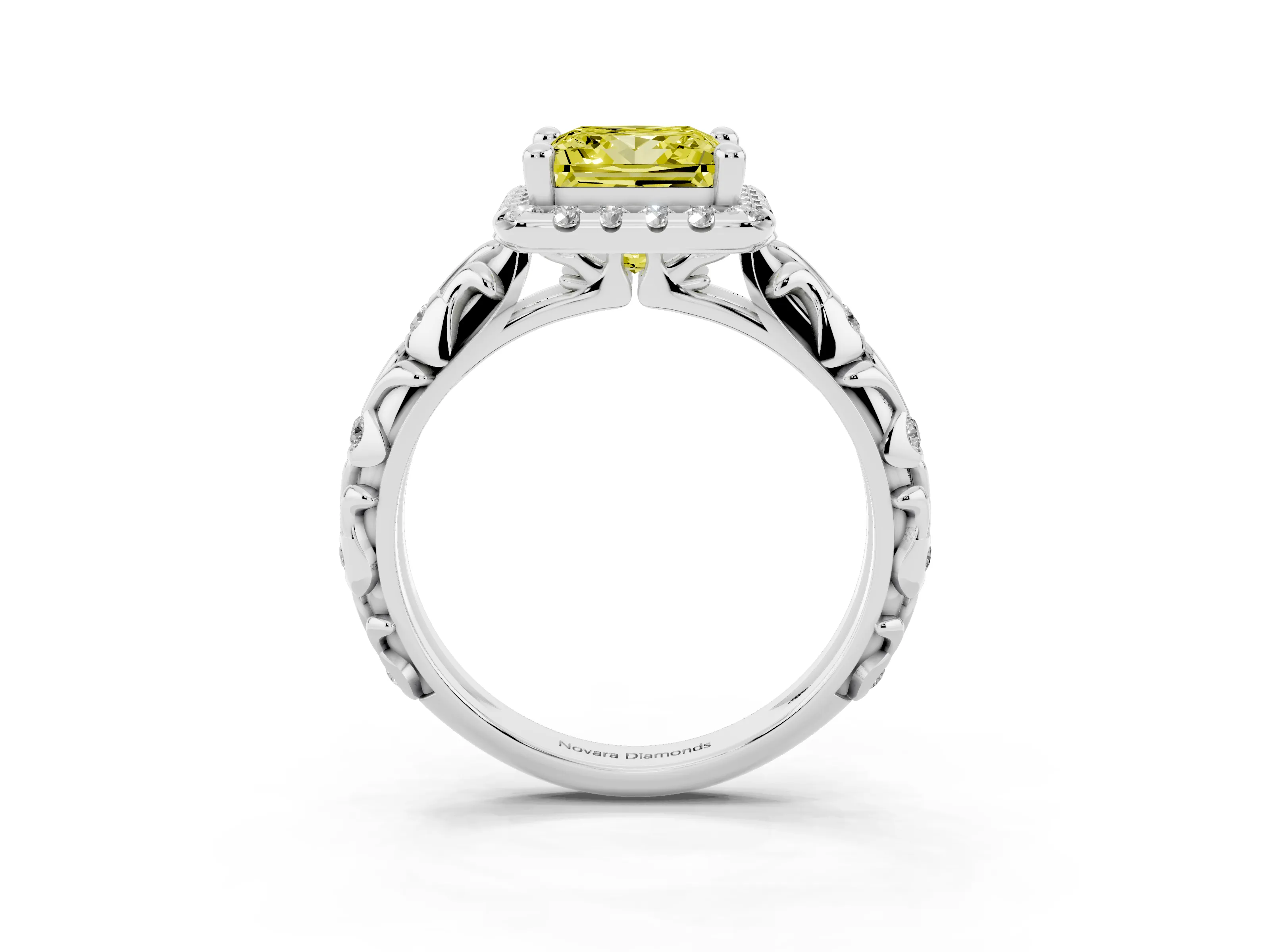 Fancy Yellow Princess Cut Diamond Halo Ring Set in Silver with Filigree Leaf Band and Prong Setting