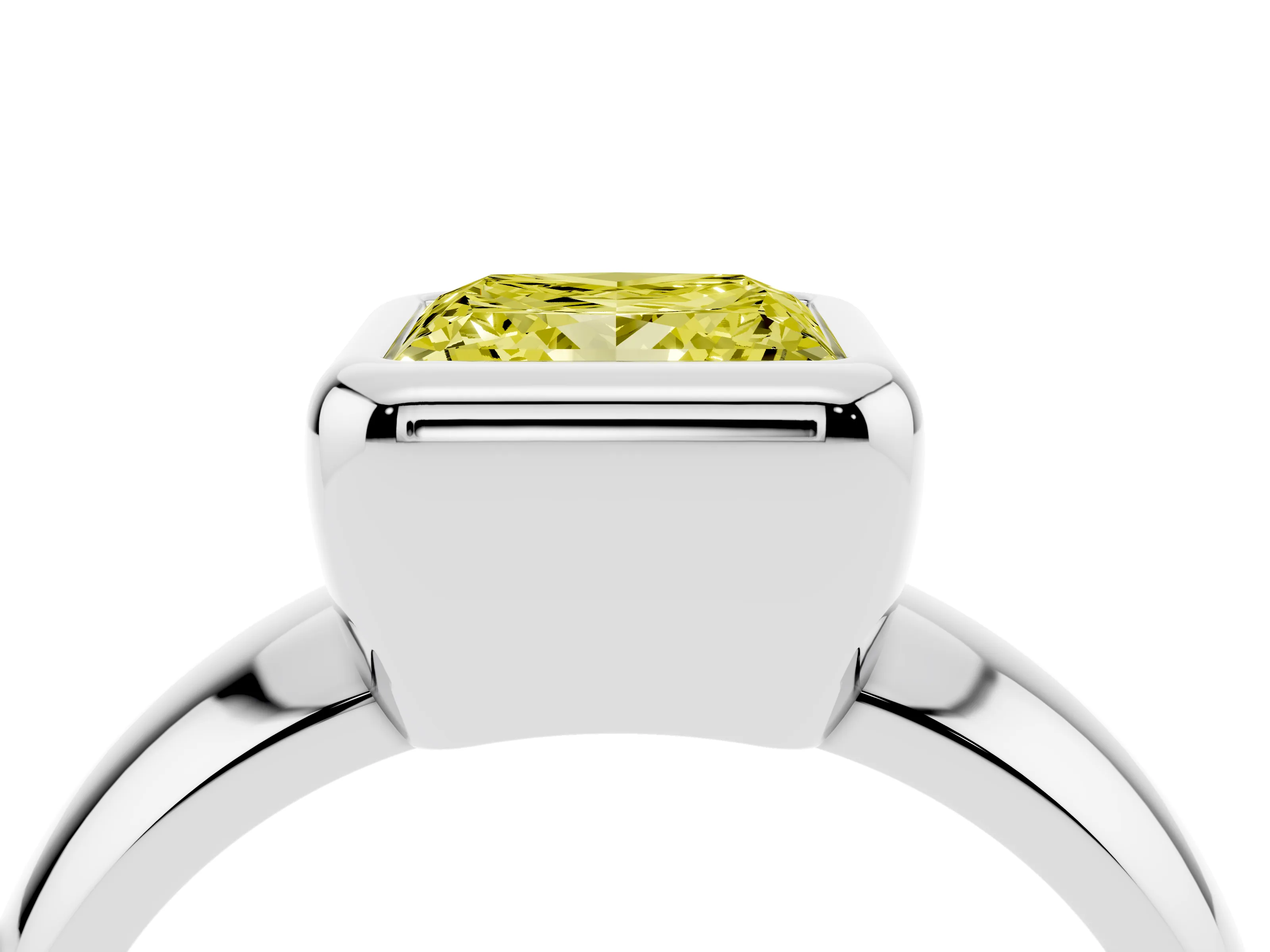 Fancy Yellow Bezel Set Princess Cut Diamond Solitaire Ring Set in White gold with Wide Band