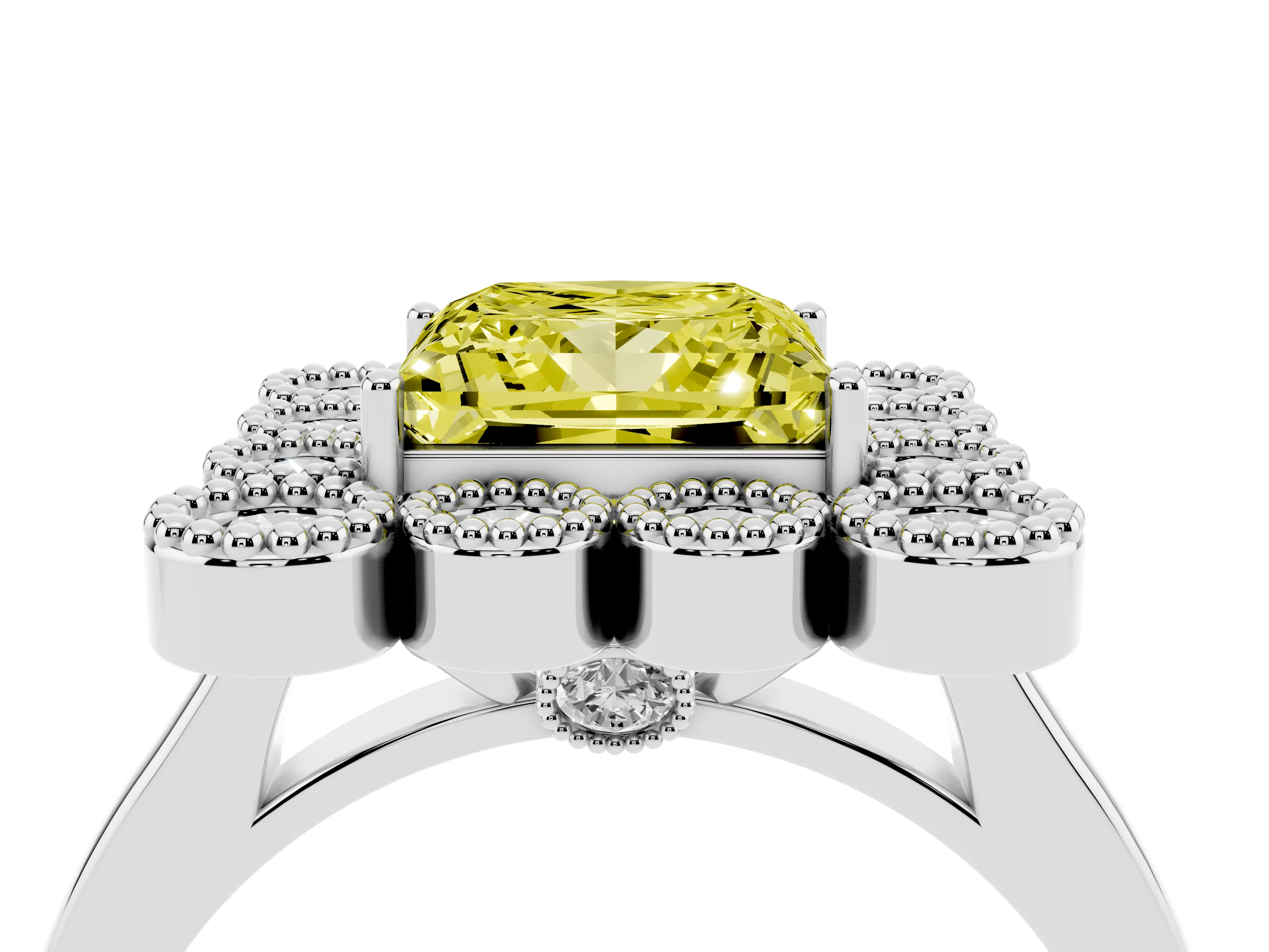 Fancy Yellow Princess Cut Diamond Cluster Halo Ring Set in White gold with Milgrain Bezel Accents and Plain Band