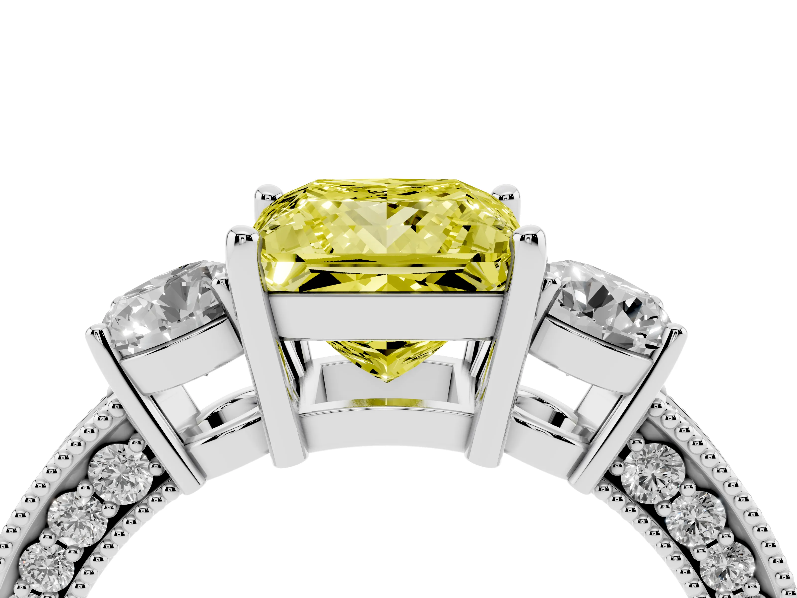 Fancy Yellow Princess Cut Diamond Three-Stone Ring Set in Platinum with Round Side Stones and Pavé Band