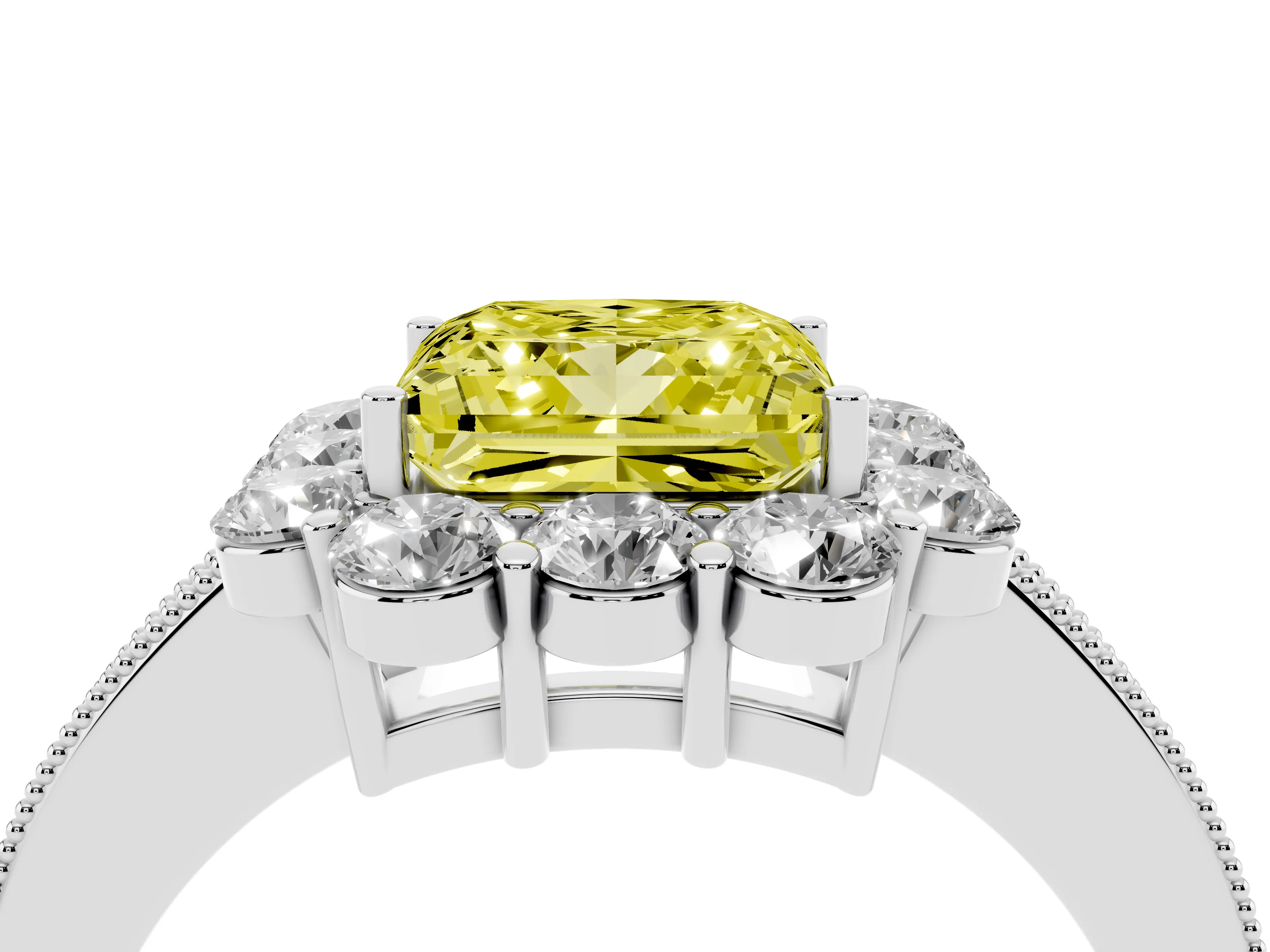 Fancy Yellow Princess Cut Diamond Halo Pavé Engagement Ring Set in White gold with Milgrain Detailing