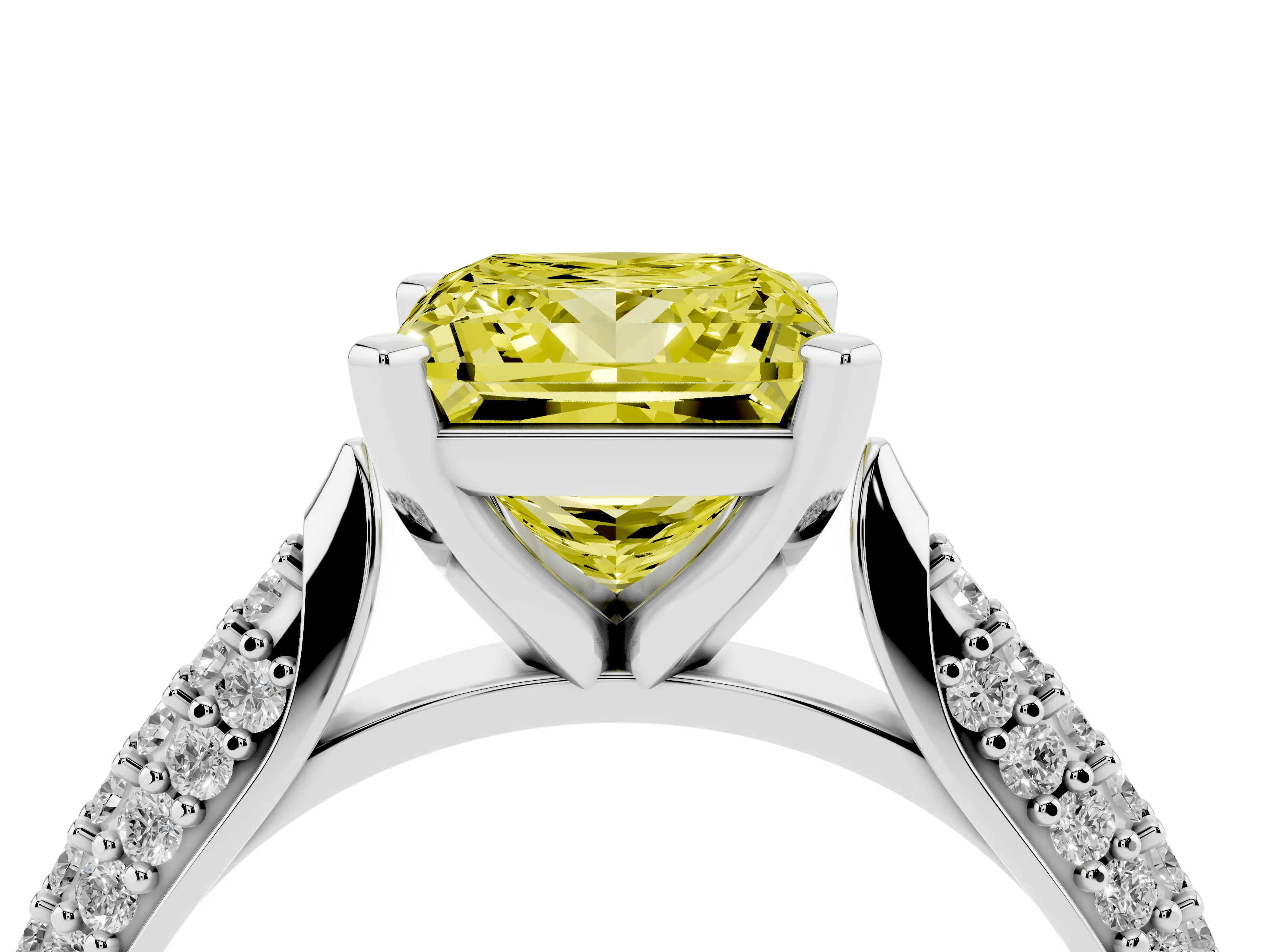 Fancy Yellow Princess Cut Diamond Solitaire Engagement Ring Set in Platinum with Multi-Row Round Pavé Band and Prong Setting