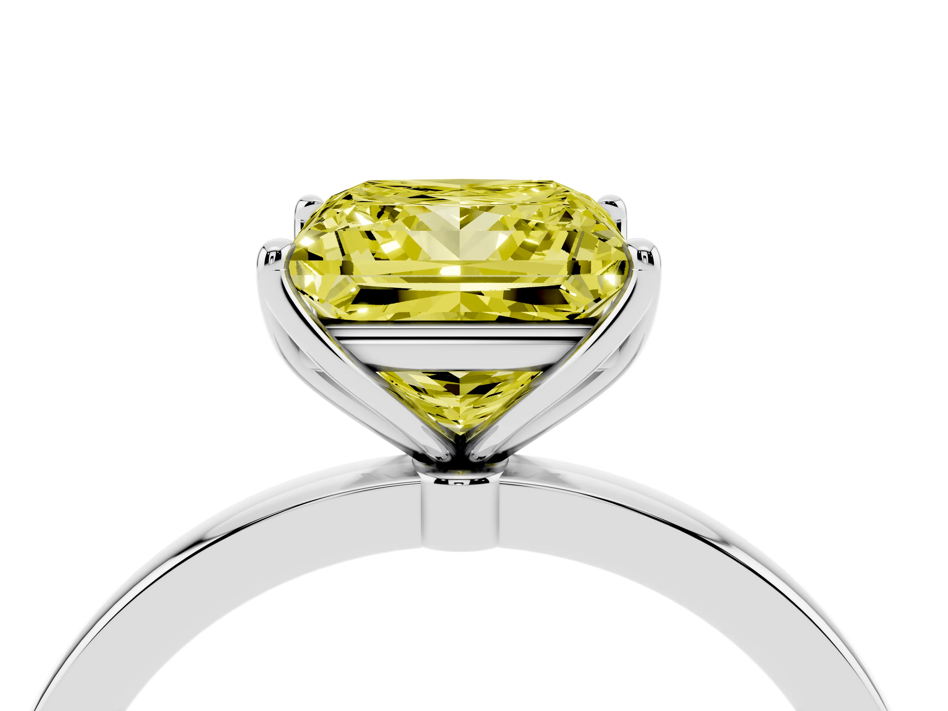 Fancy Yellow Princess Cut Diamond Solitaire Ring Set in White gold with Prong Setting and Thin Polished Band