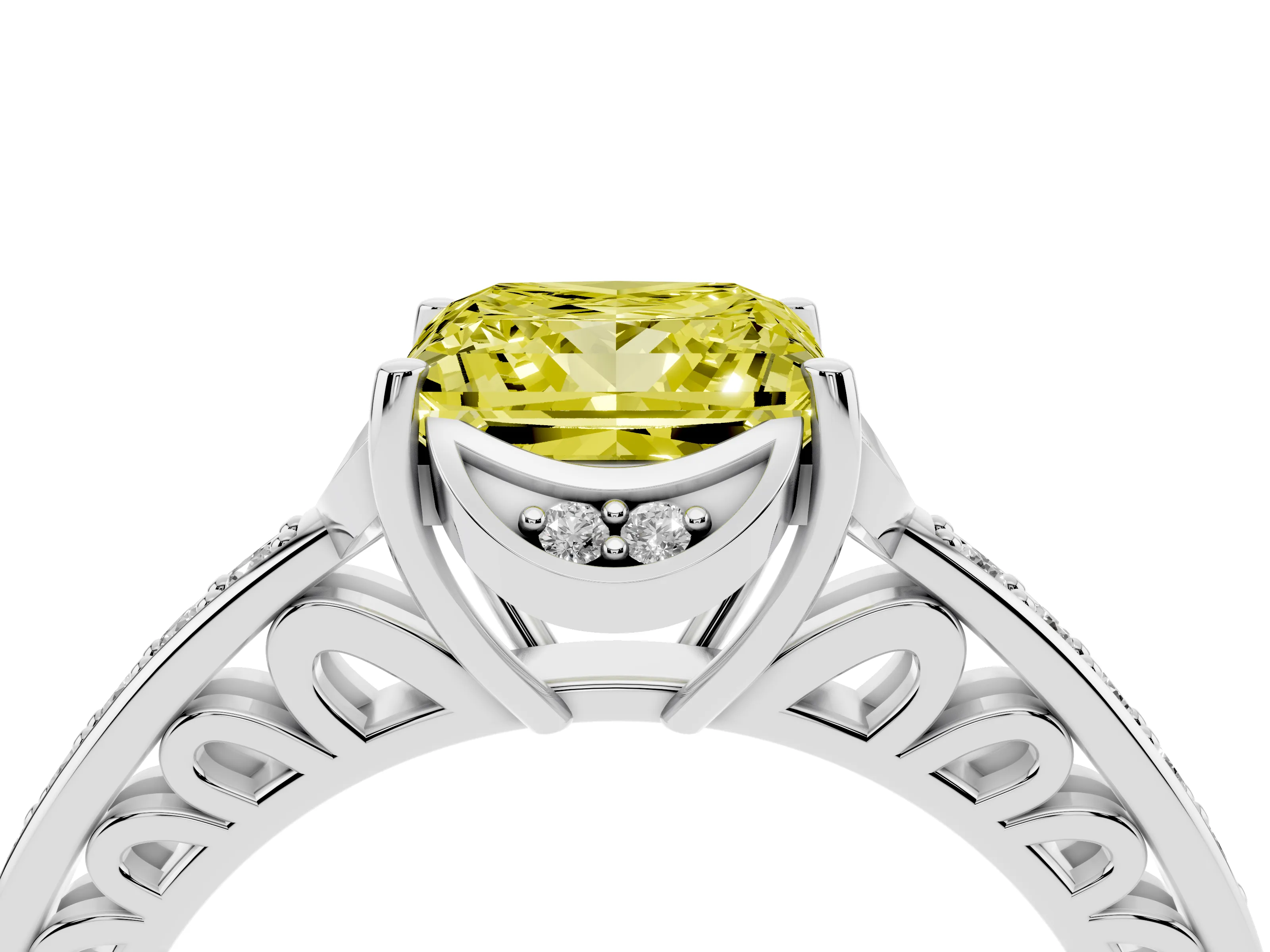 Fancy Yellow Princess Cut Diamond Halo Ring Set in Platinum with Channel Set Band and Prong Setting