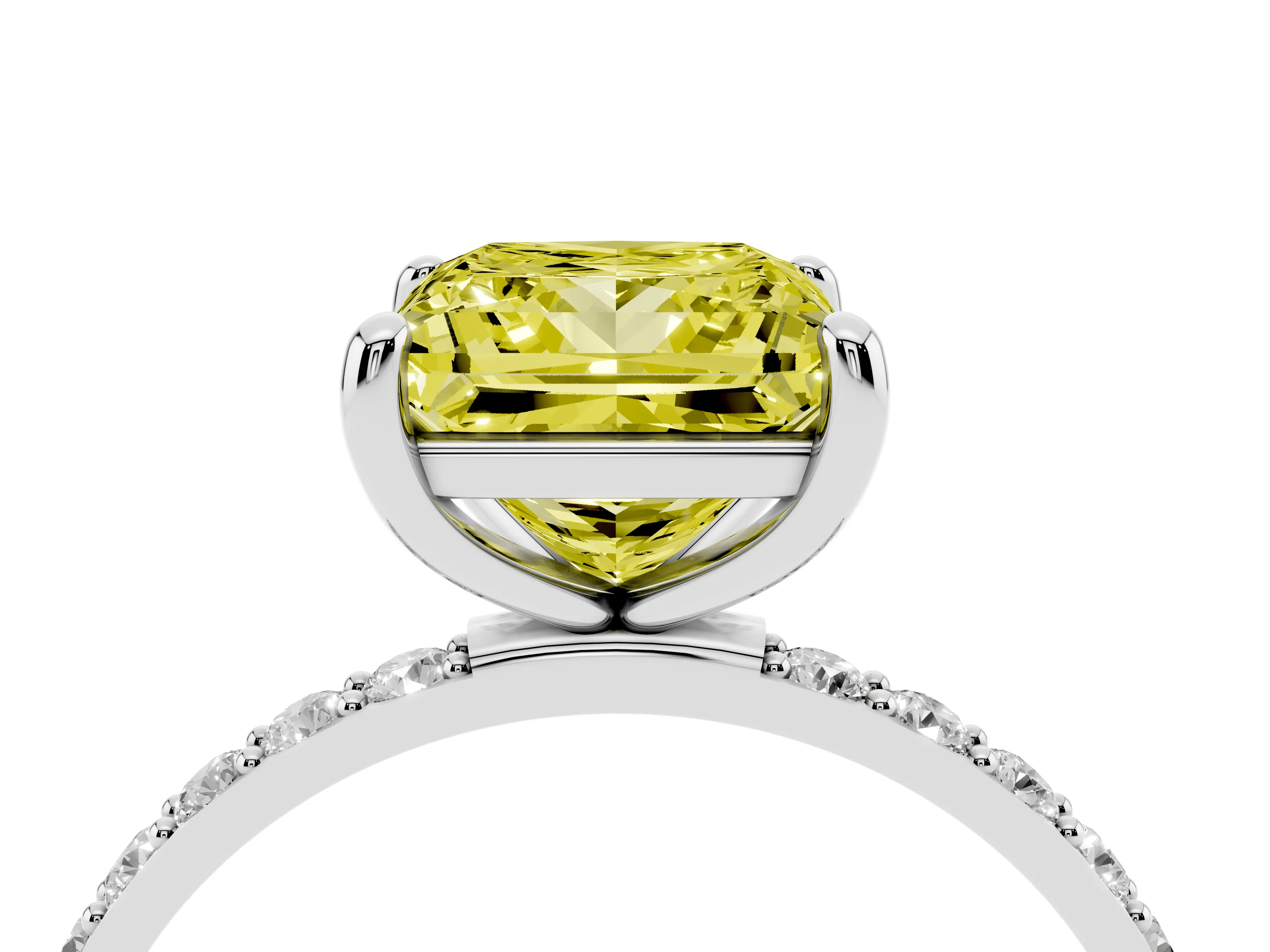 Fancy Yellow Princess Cut Diamond Solitaire Ring Set in White gold with Round Pavé Band and Prong Setting