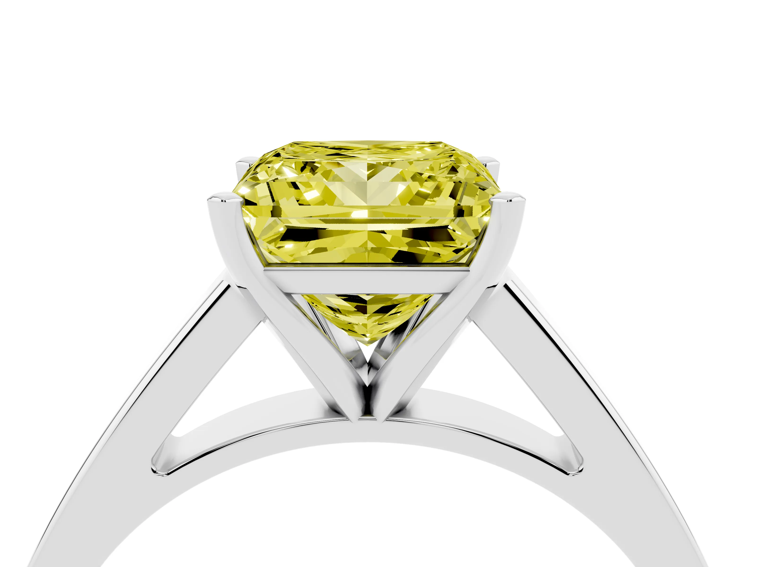 Fancy Yellow Princess Cut Diamond Solitaire Engagement Ring Set in White gold with Prong Setting and Tapered Band