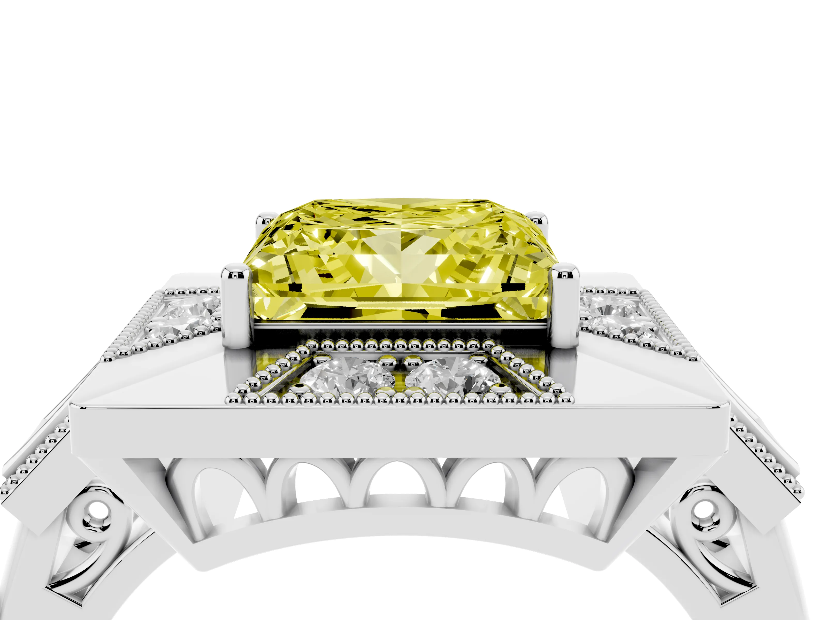 Fancy Yellow Princess Cut Diamond Milgrain Halo Ring Set in Silver with Split Shank