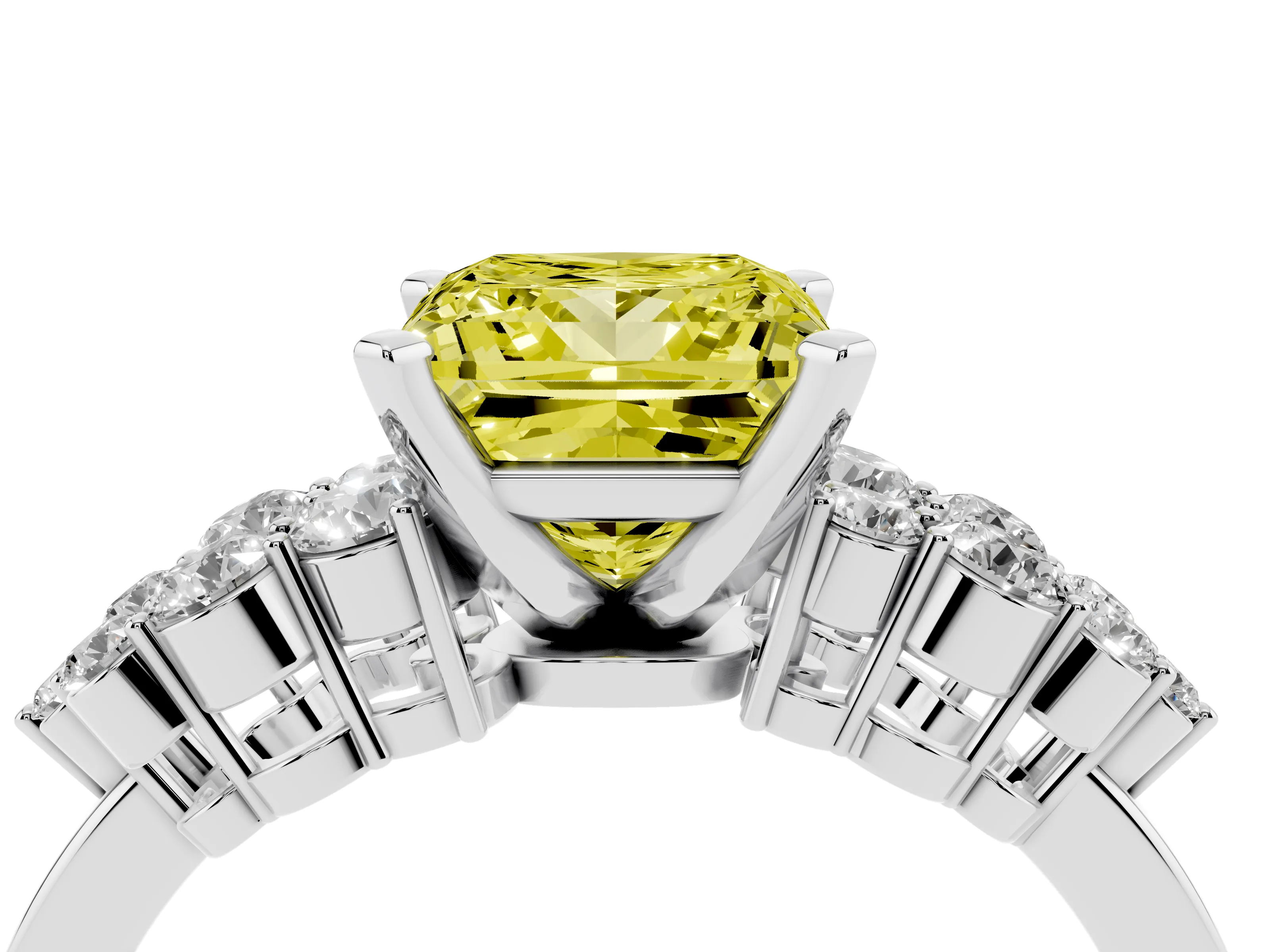 Fancy Yellow Princess Cut Diamond Cluster Engagement Ring Set in Platinum with Pavé Band and Prong Setting