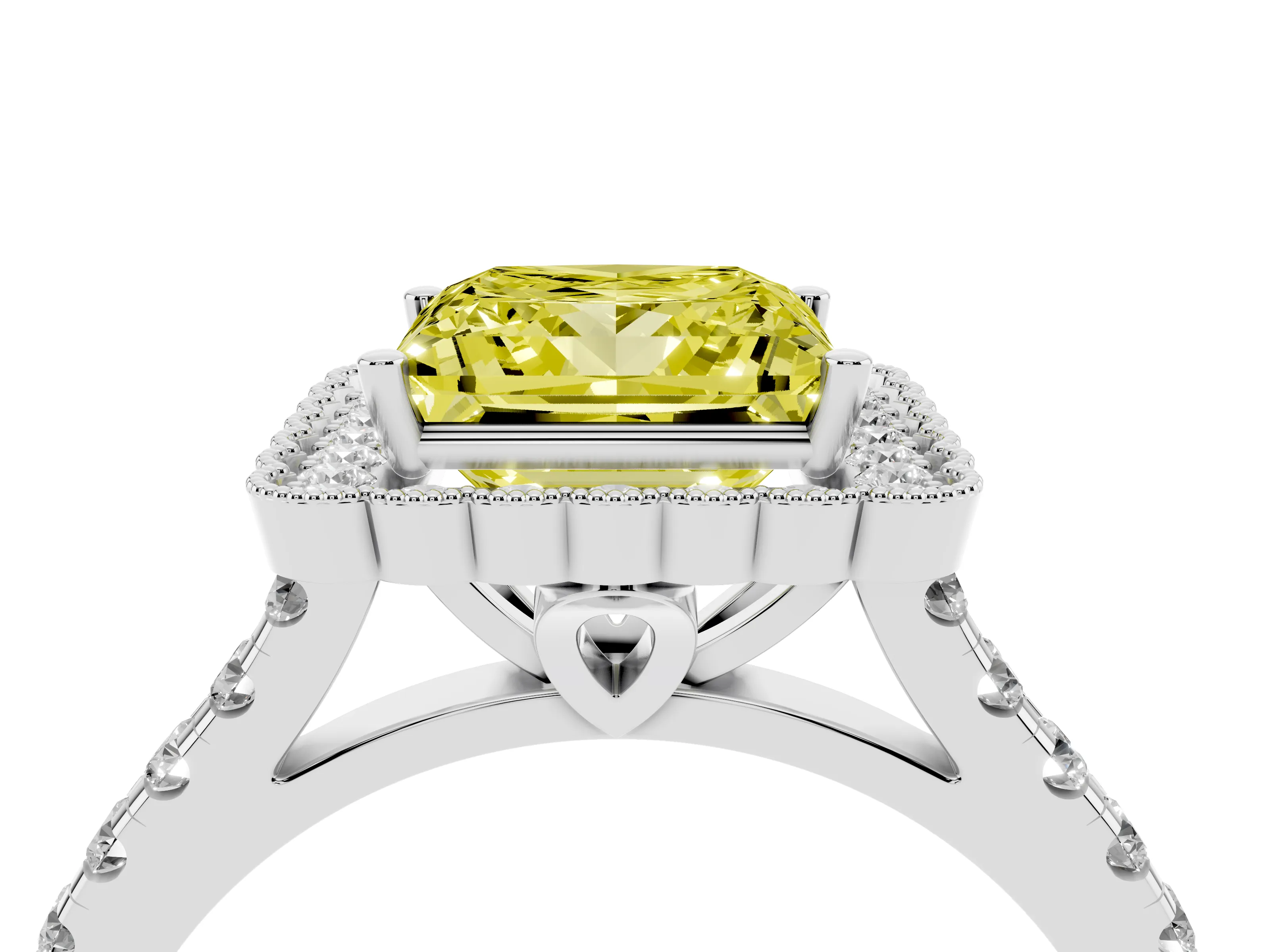Fancy Yellow Princess Cut Diamond Milgrain Floral Halo Engagement Ring Set in White gold with Pavé Band