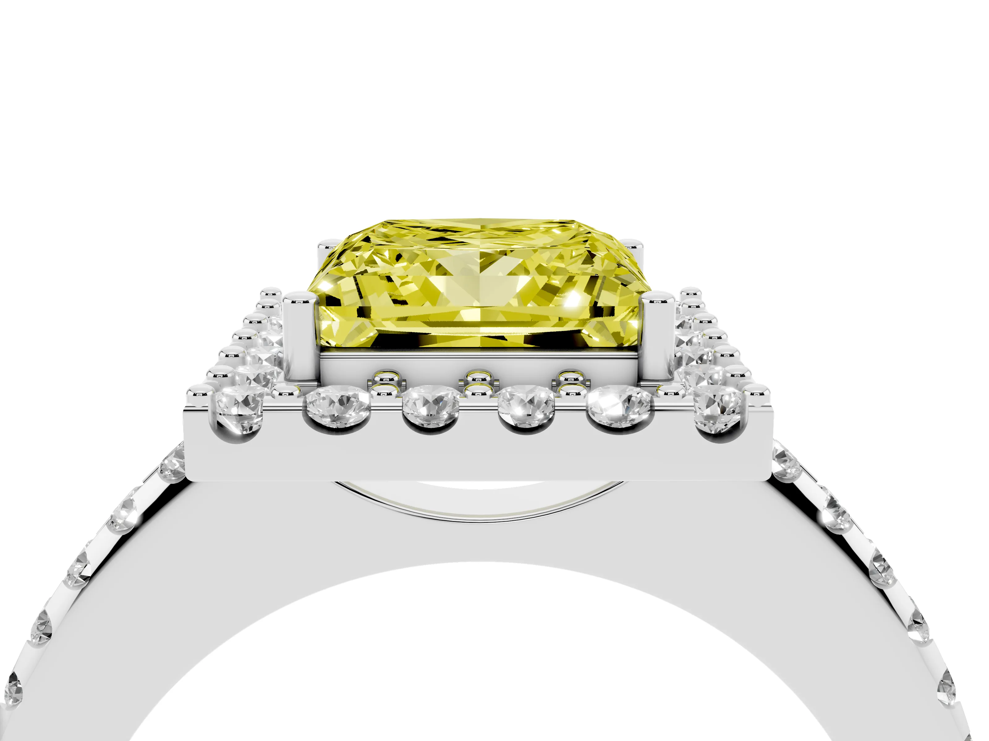 Fancy Yellow Princess Cut Diamond Pavé Halo Ring Set in Platinum with Prong Setting
