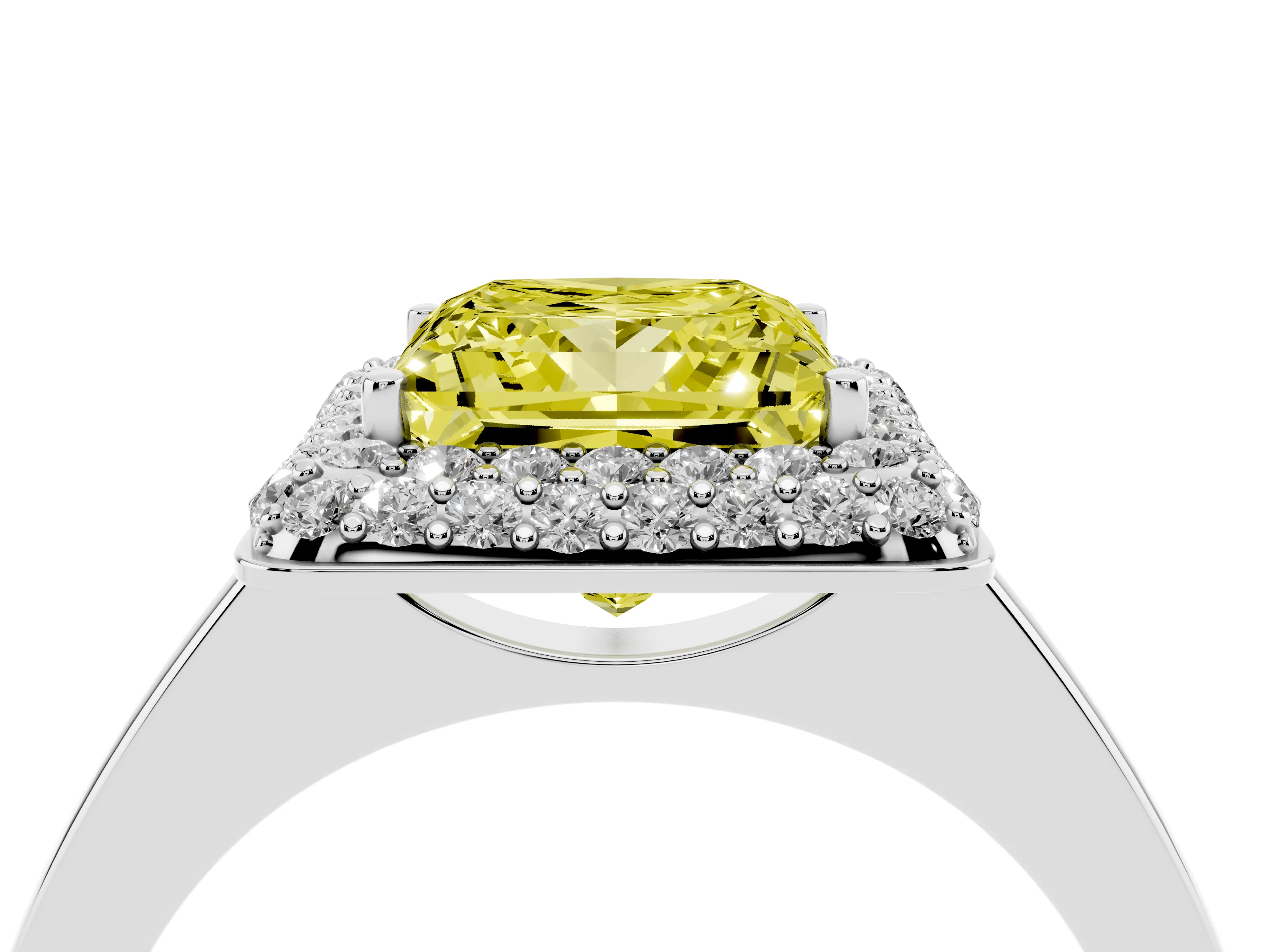 Fancy Yellow Princess Cut Diamond Halo Engagement Ring Set in White gold with Solitaire Band and Prong Setting