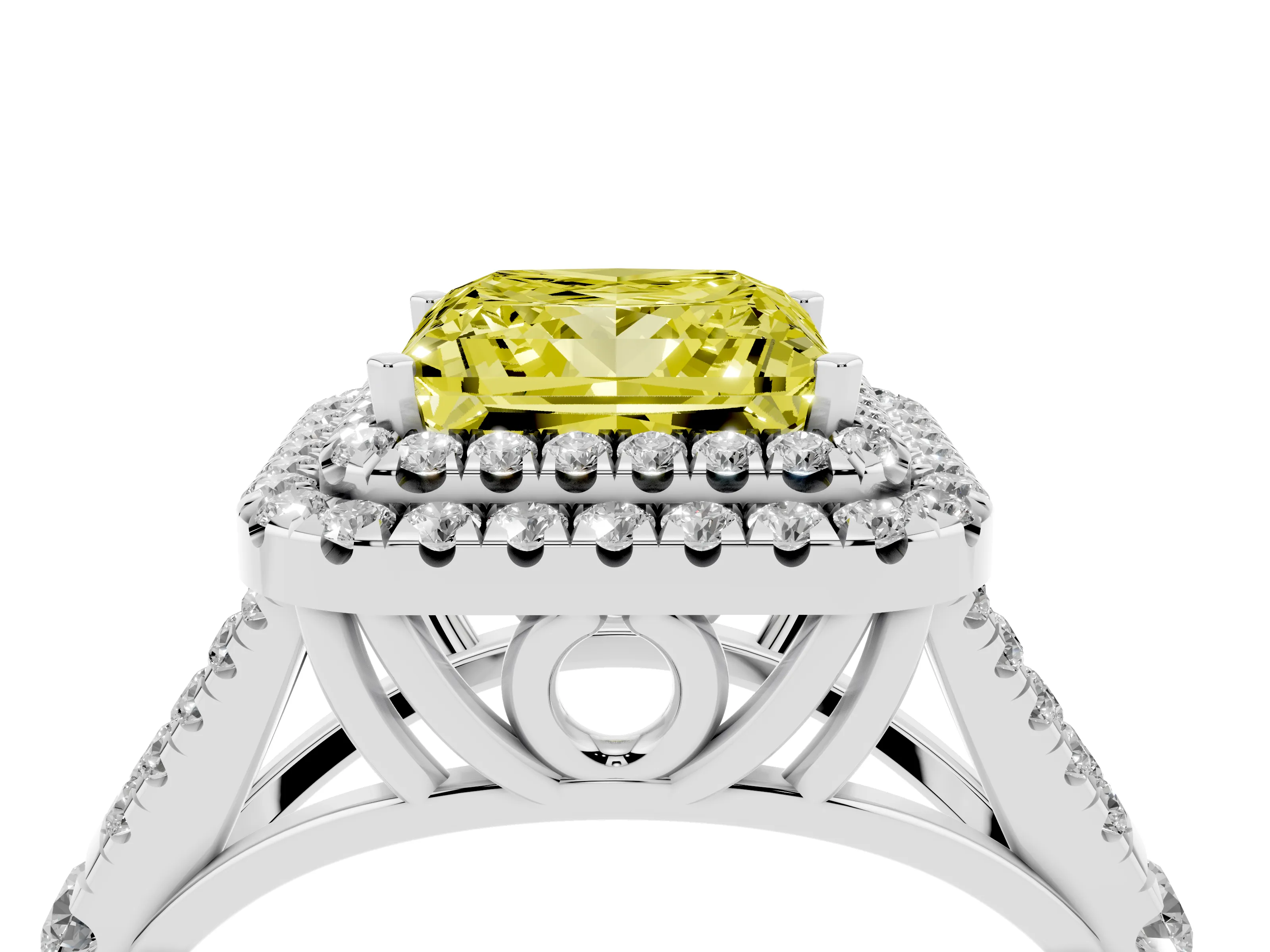 Fancy Yellow Princess Cut Diamond Pavé Split Shank Double Halo Engagement Ring Set in Platinum