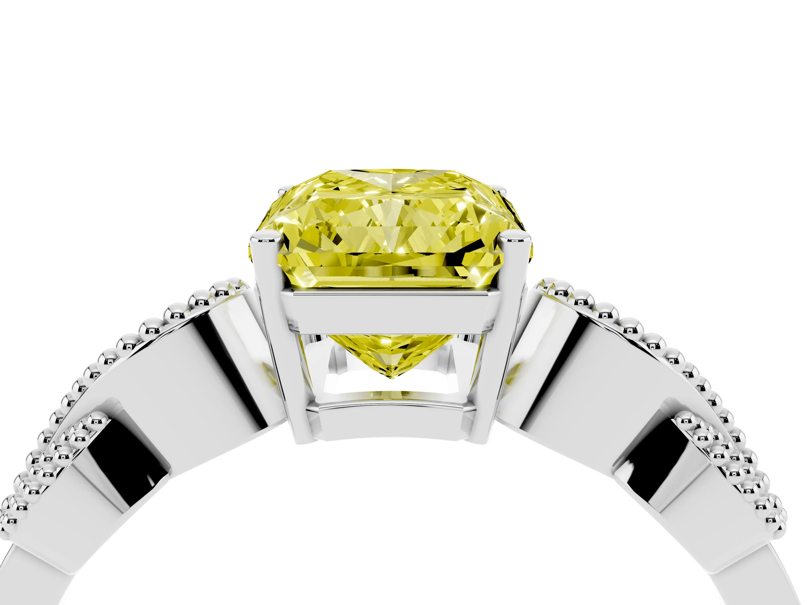 Fancy Yellow Princess Cut Diamond Milgrain Leaf Band Solitaire Ring Set in Silver with Accent Stones and Prong Setting