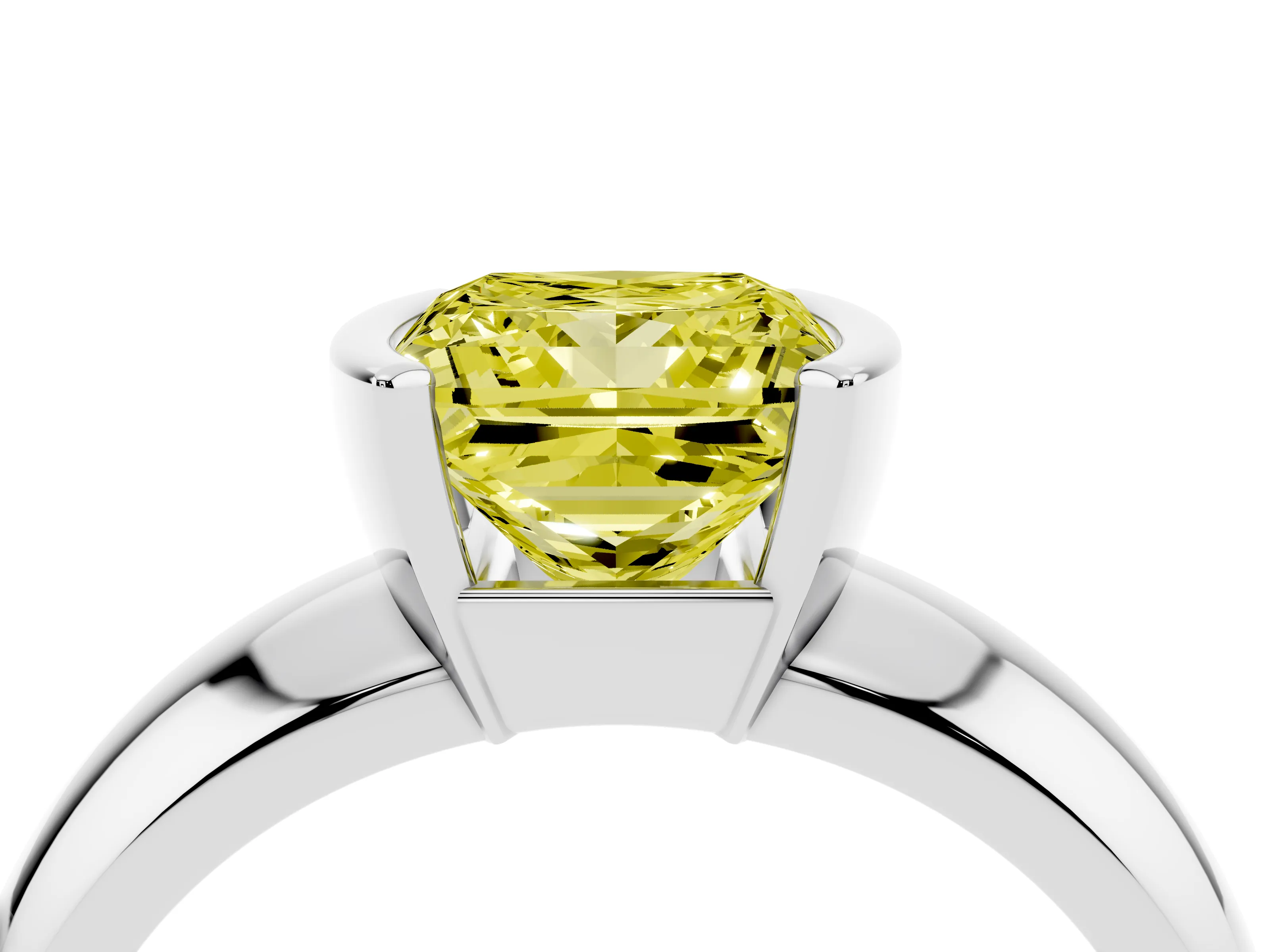 Fancy Yellow Princess Cut Diamond Solitaire Tension Set Ring Set in White gold with Wide Band