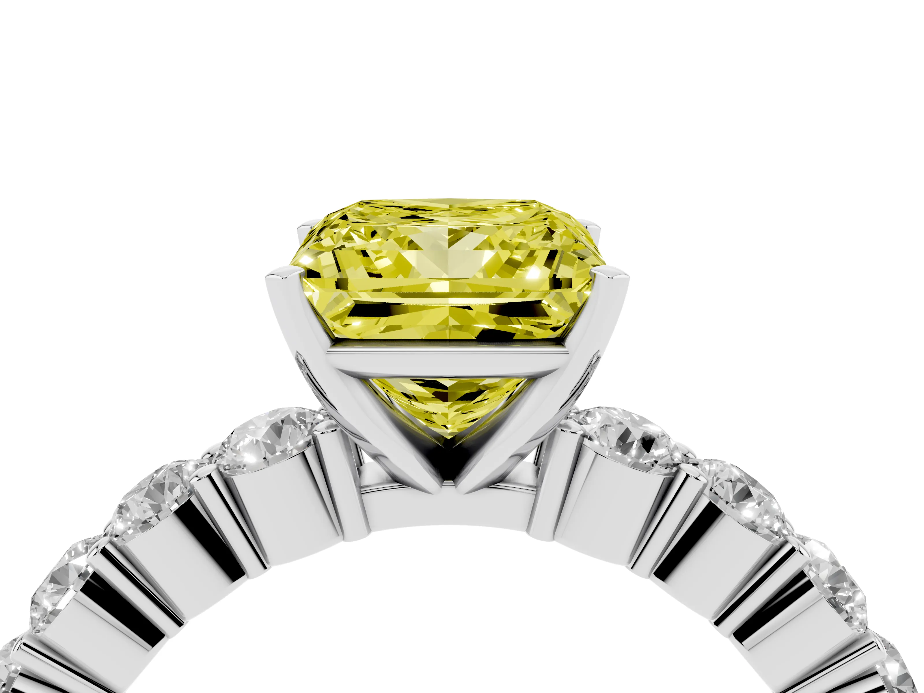 Fancy Yellow Princess Cut Diamond Solitaire Ring Set in White gold with Shared Prong Round Side Stones