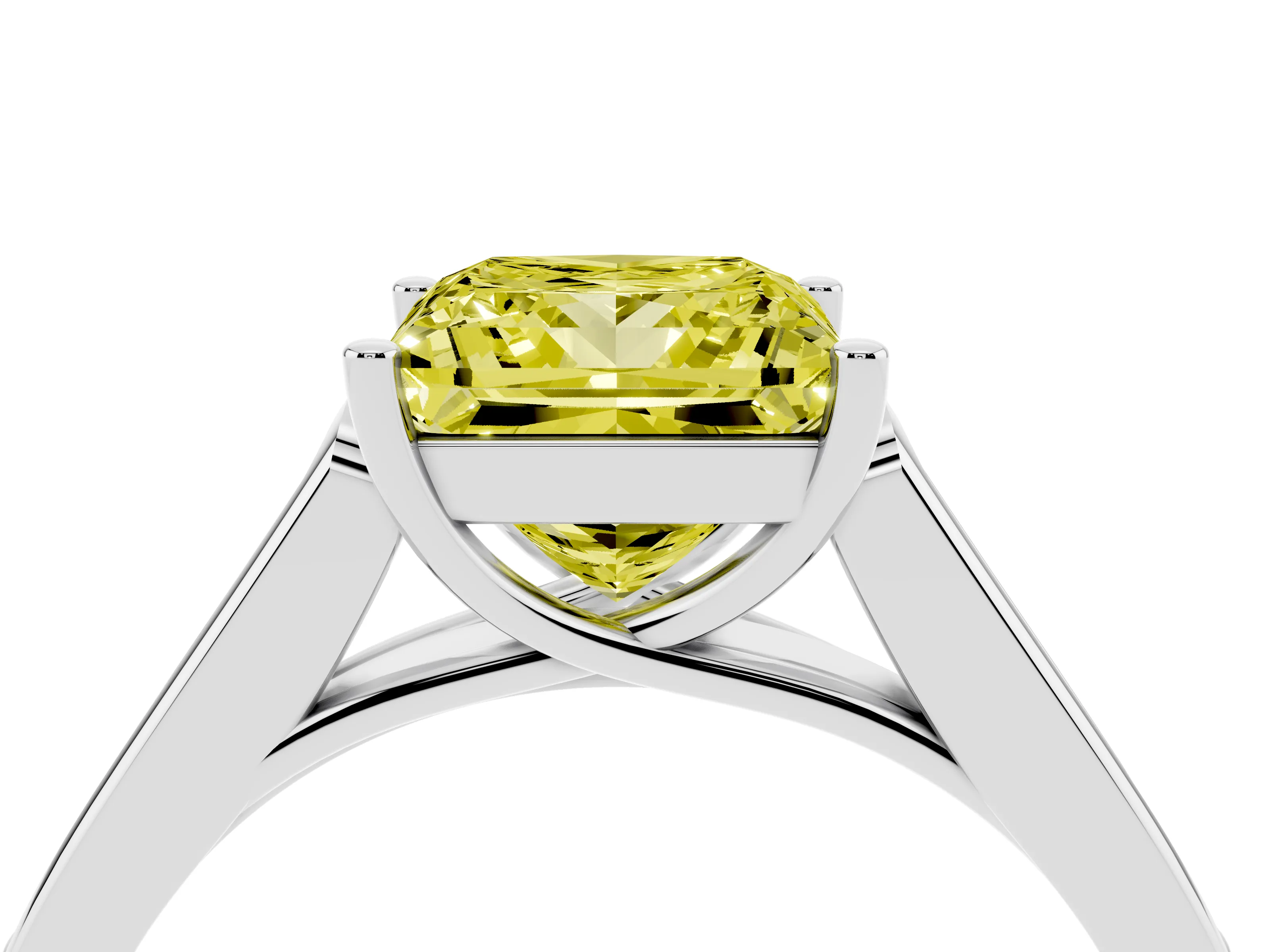 Fancy Yellow Princess Cut Diamond Solitaire Cathedral Engagement Ring Set in Platinum with Channel-Set Band and Prong Setting
