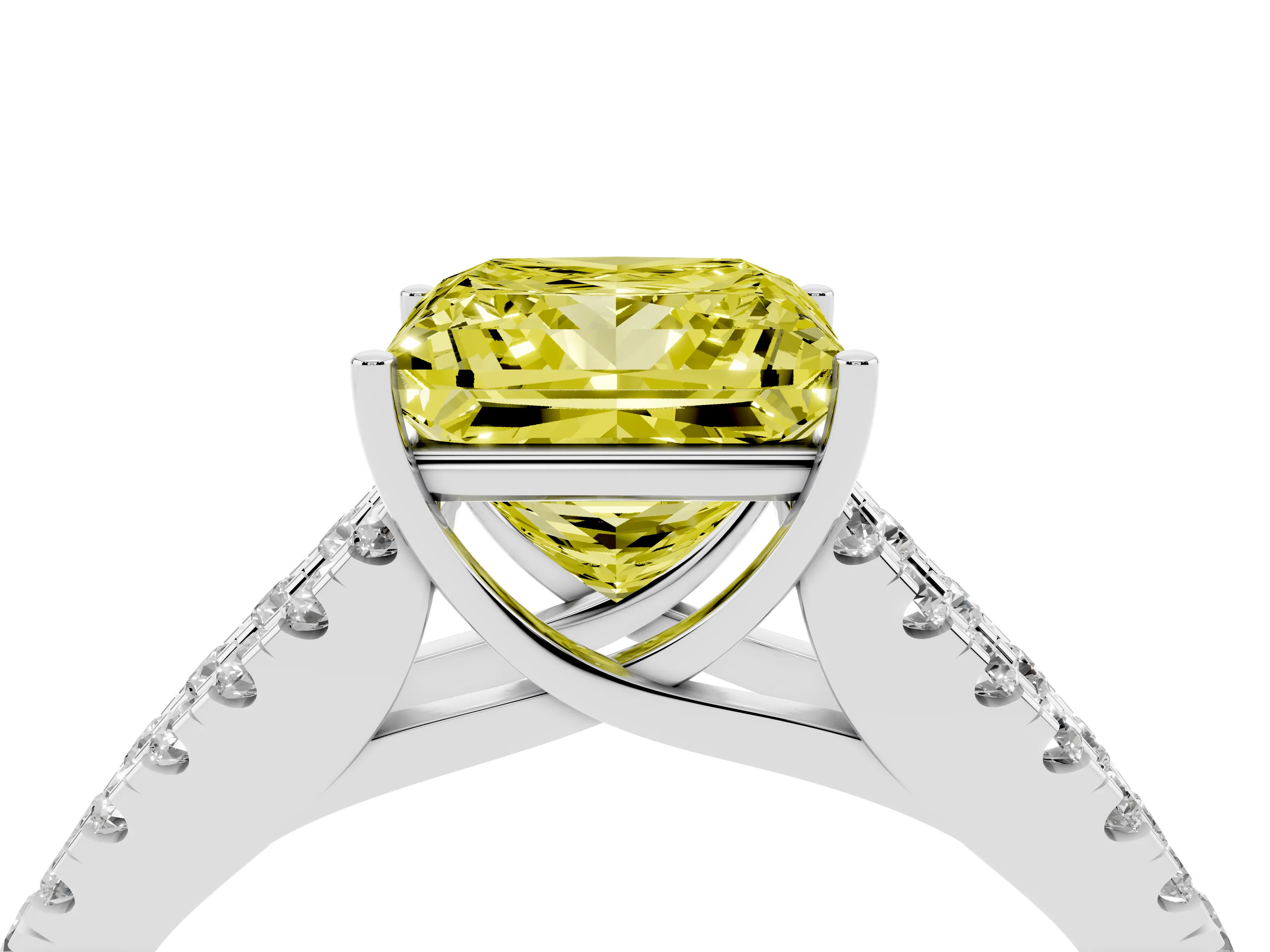 Fancy Yellow Princess Cut Diamond Split Shank Pavé Engagement Ring Set in Platinum with Prong-Held Center Stone