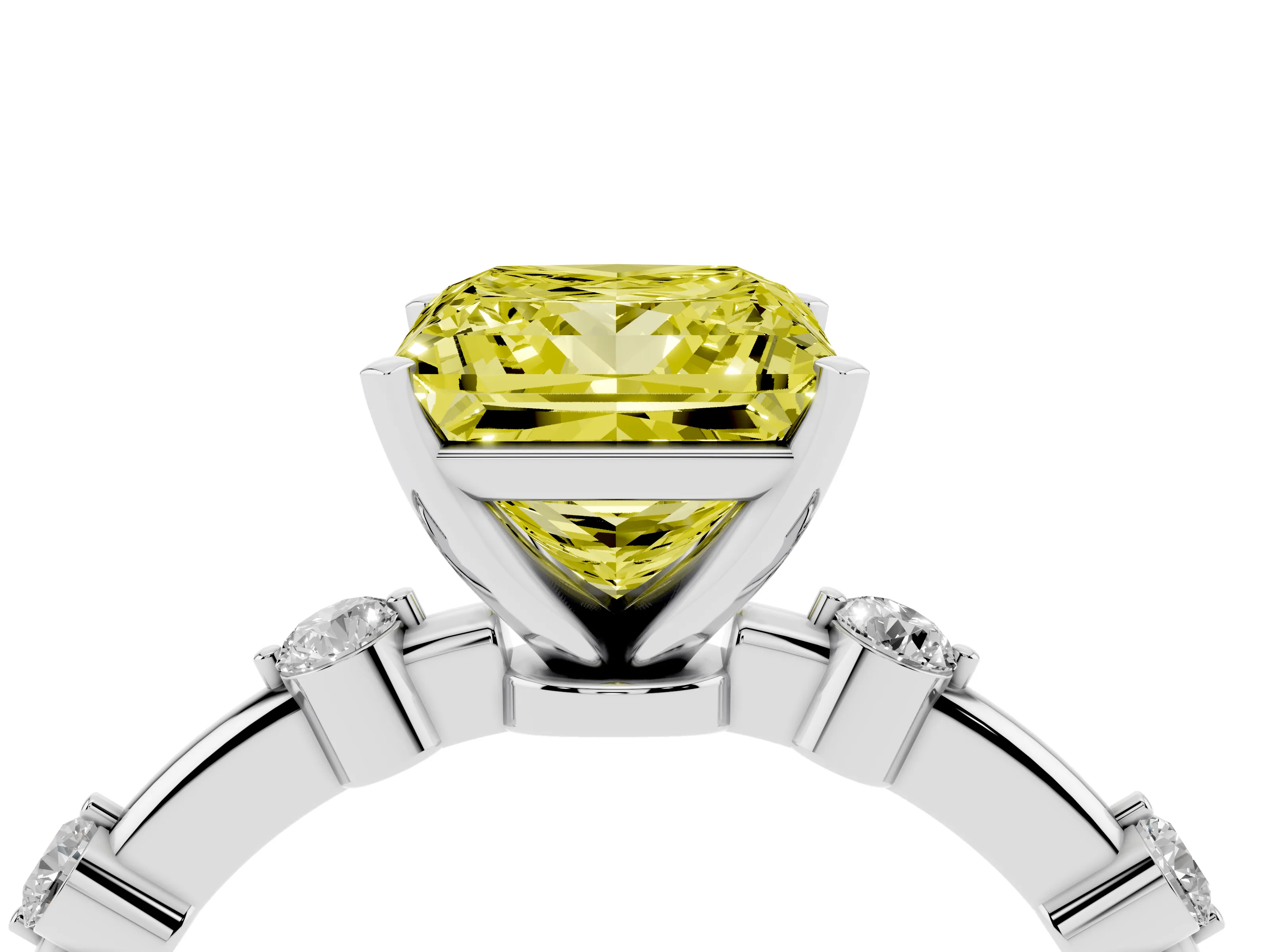Fancy Yellow Princess Cut Diamond Solitaire Ring Set in Silver with Bezel Set Side Stones and Prong Setting