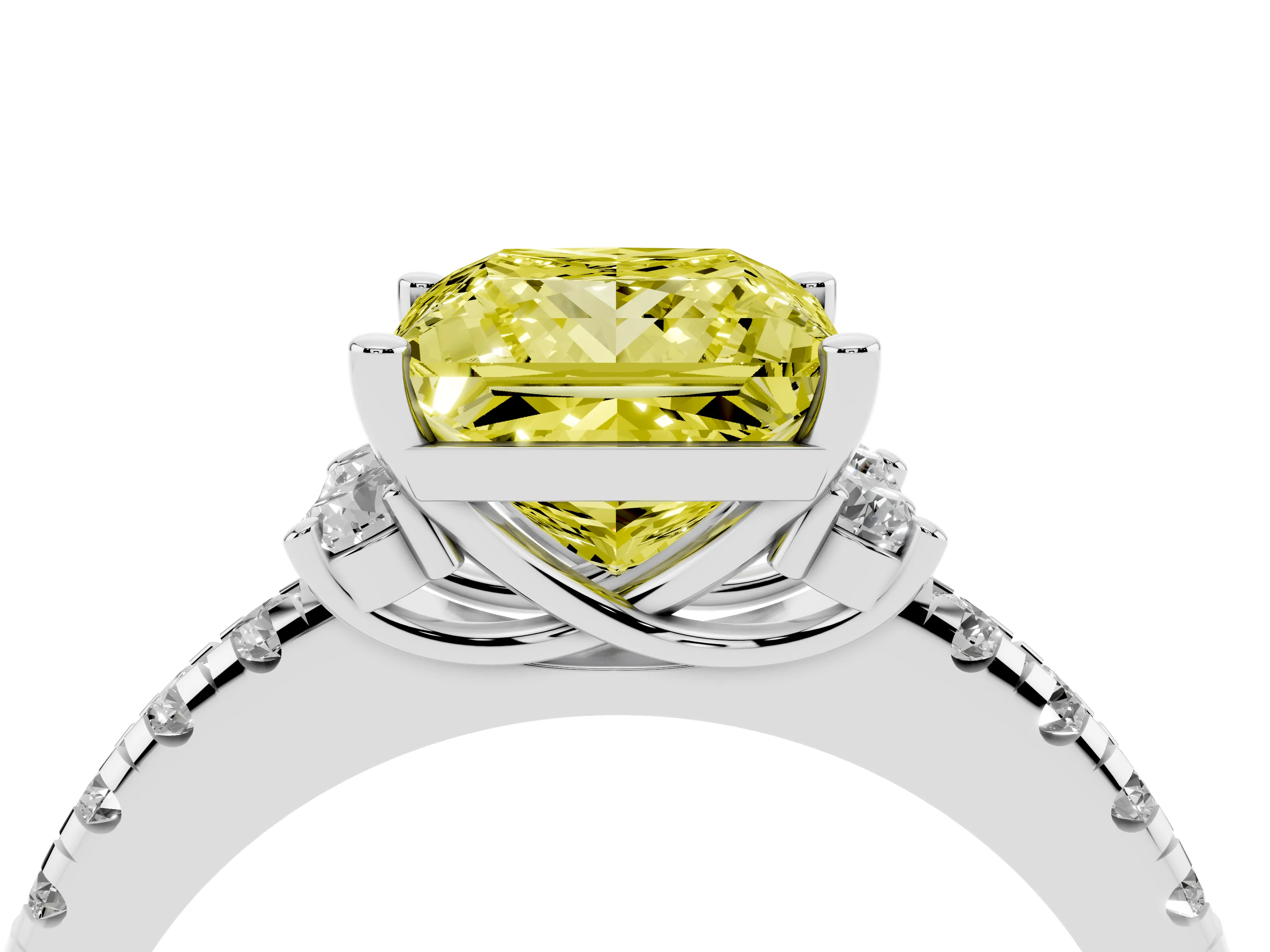 Fancy Yellow Princess Cut Diamond Three-Stone Pavé Ring Set in Silver with Prong Setting