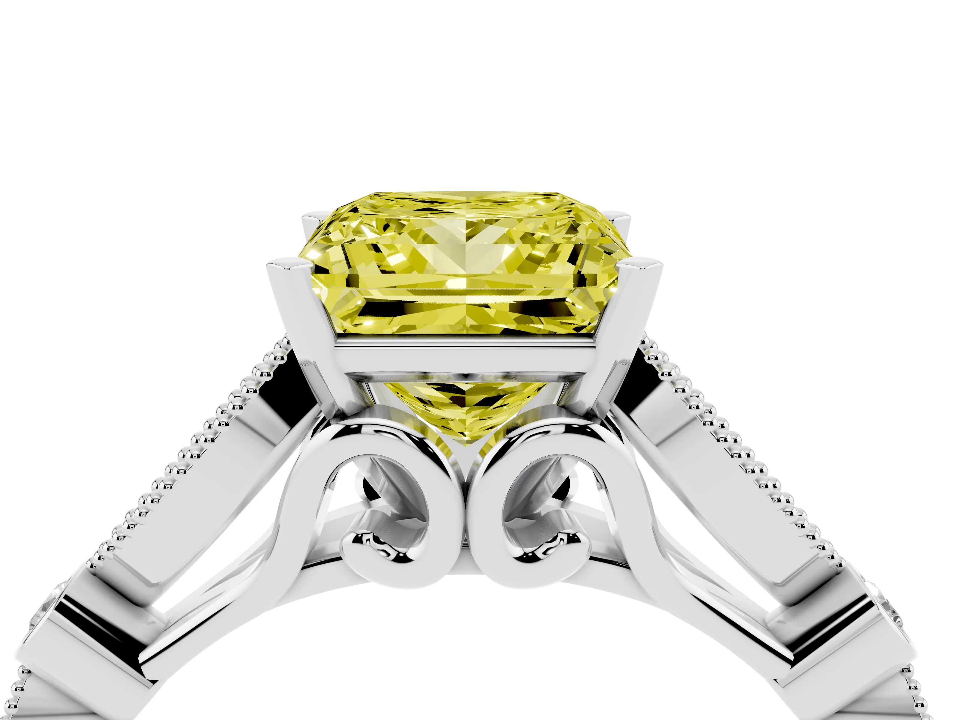 Fancy Yellow Princess Cut Diamond Solitaire Ring Set in Silver with Milgrain Marquise and Bezel Accents
