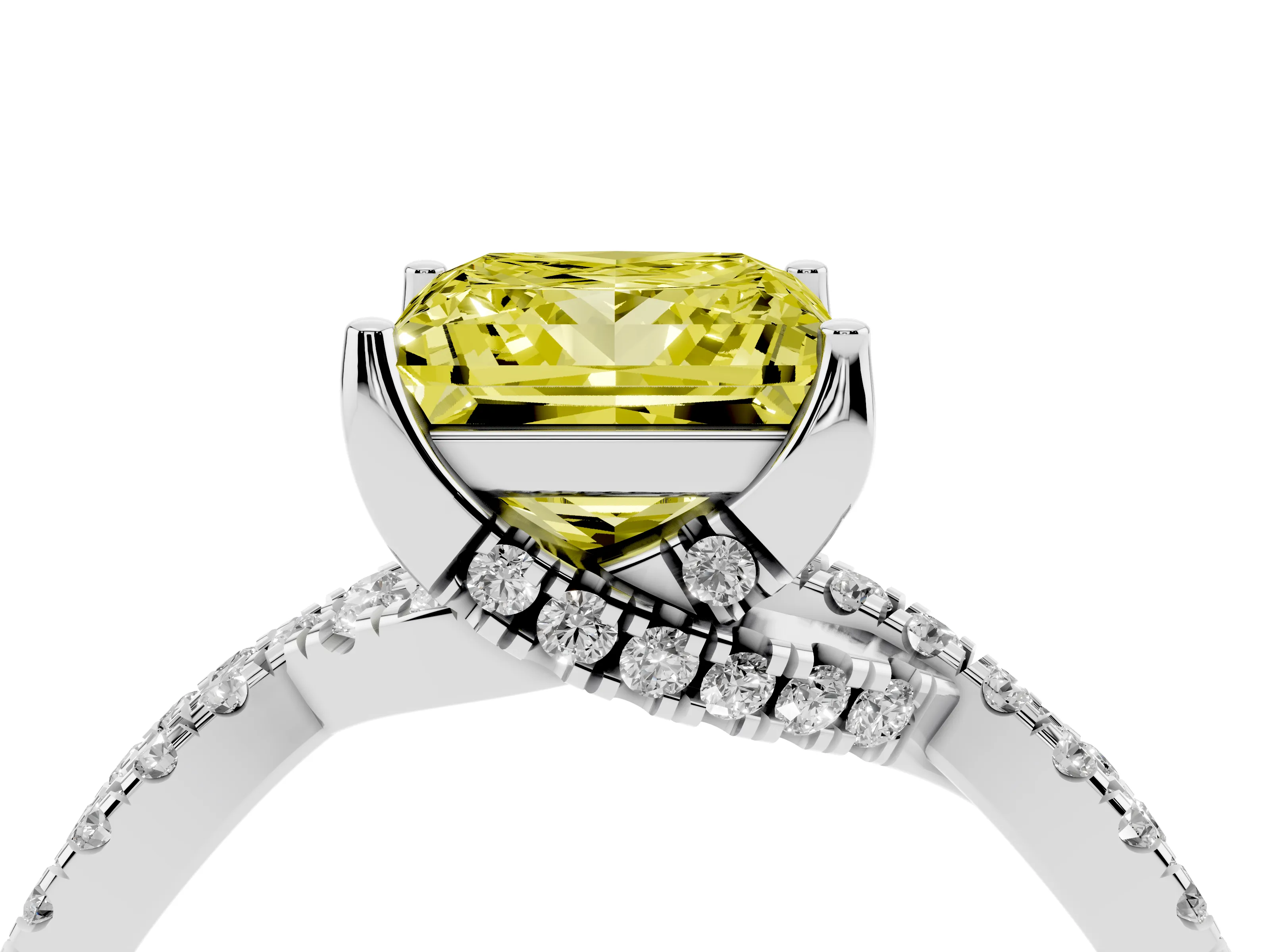 Fancy Yellow Princess Cut Diamond Twist Pavé Solitaire Engagement Ring Set in Silver with Prong Setting
