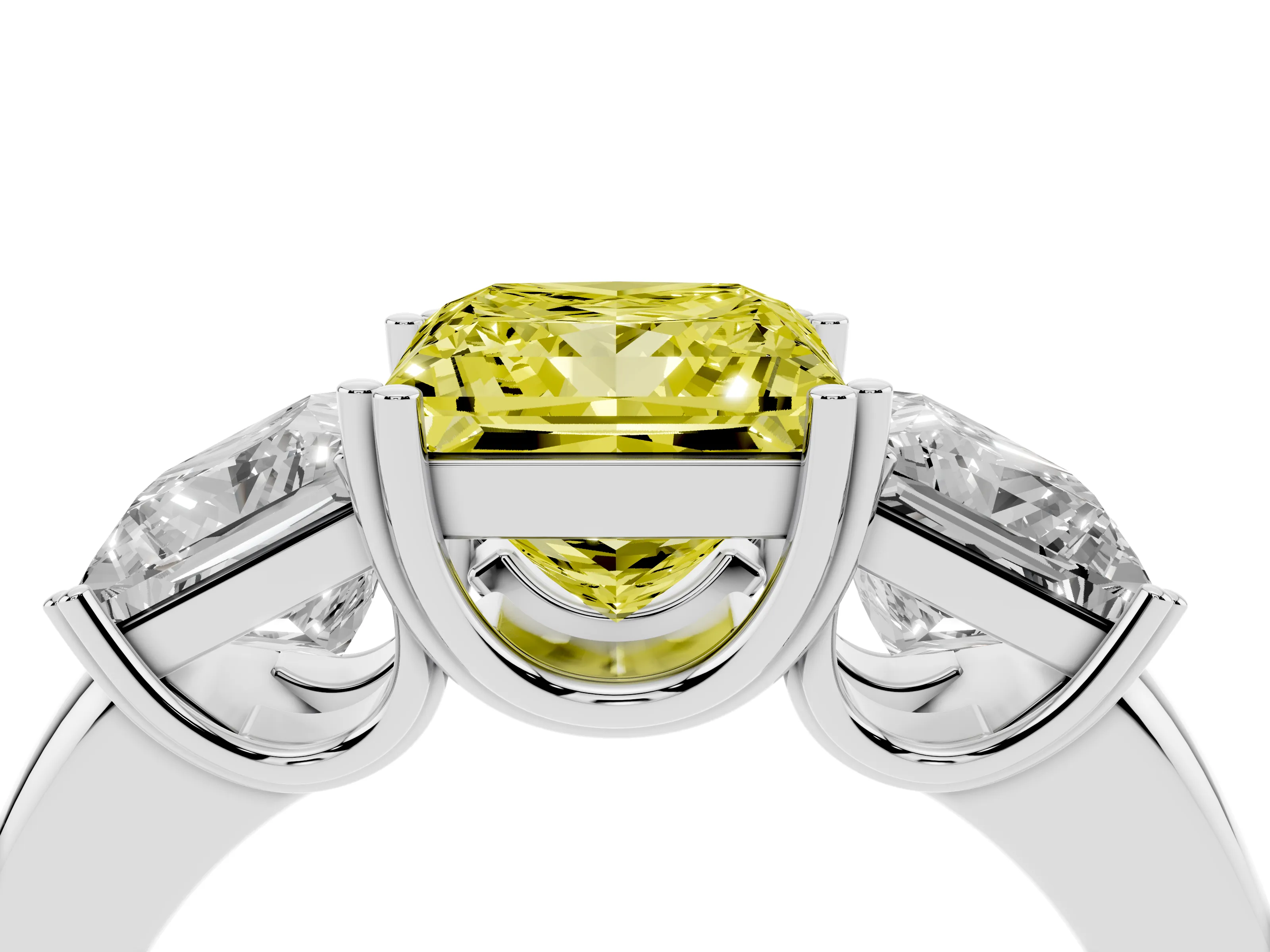 Fancy Yellow Princess Cut Diamond Three-Stone Ring Set in White gold with Polished Channel-Set Band