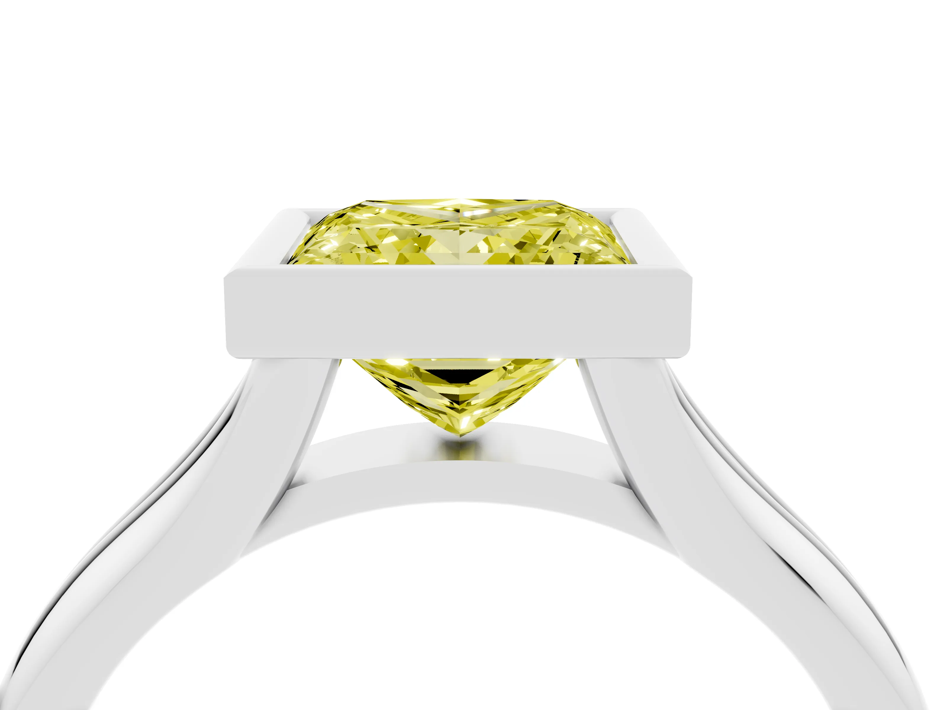 Fancy Yellow Bezel Set Princess Cut Diamond Solitaire Ring Set in Platinum with Smooth Band