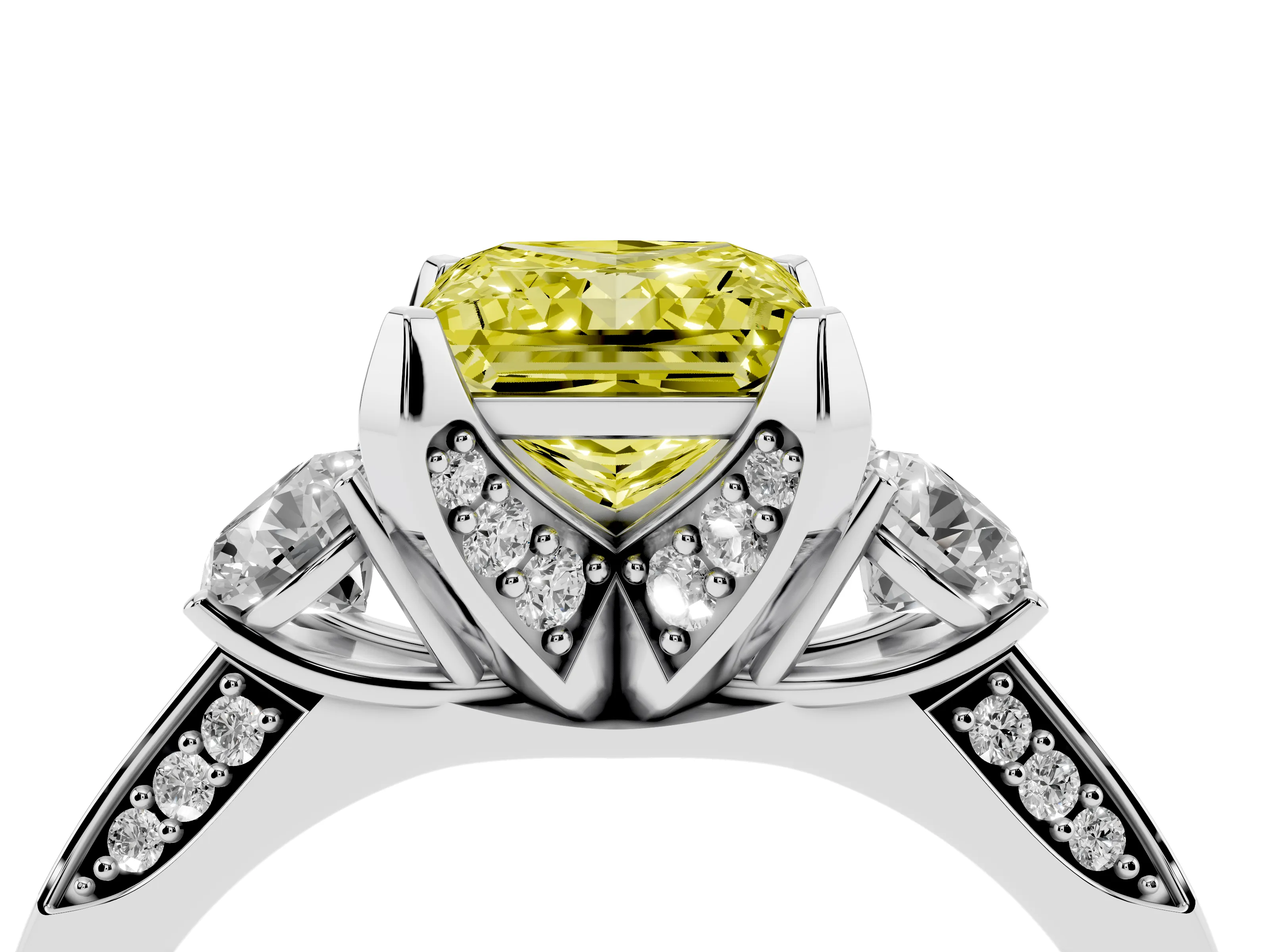 Fancy Yellow Princess Cut Diamond Three-Stone Ring Set in White gold with Pavé Band and Smaller Side Stones