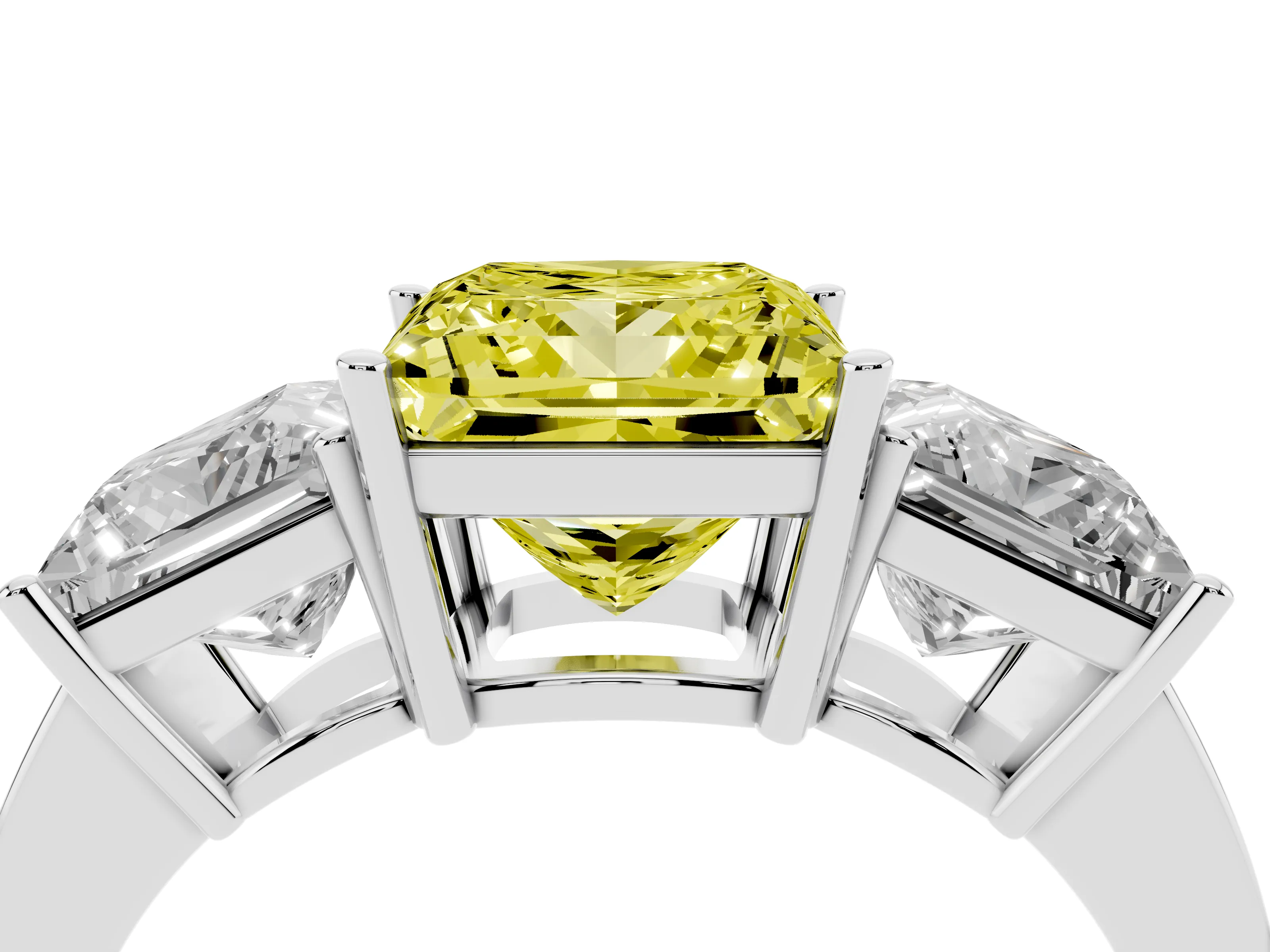 Fancy Yellow Princess Cut Diamond Three-Stone Engagement Ring Set in Platinum with Flat Band