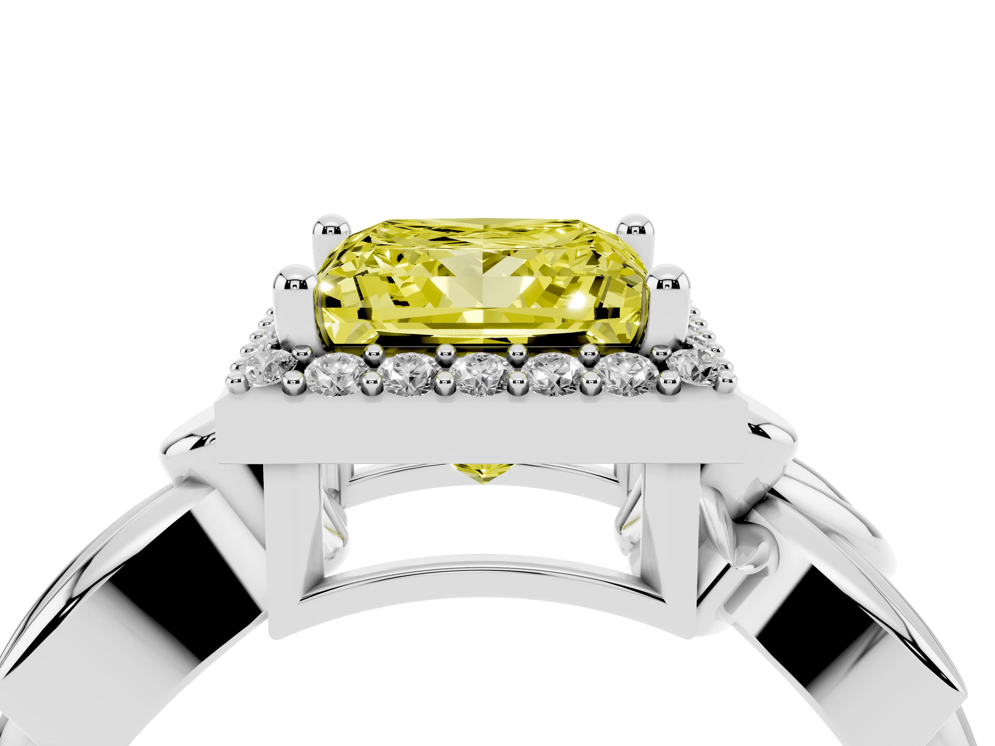 Fancy Yellow Princess Cut Diamond Halo Floral Band Ring Set in Silver with Prong Setting