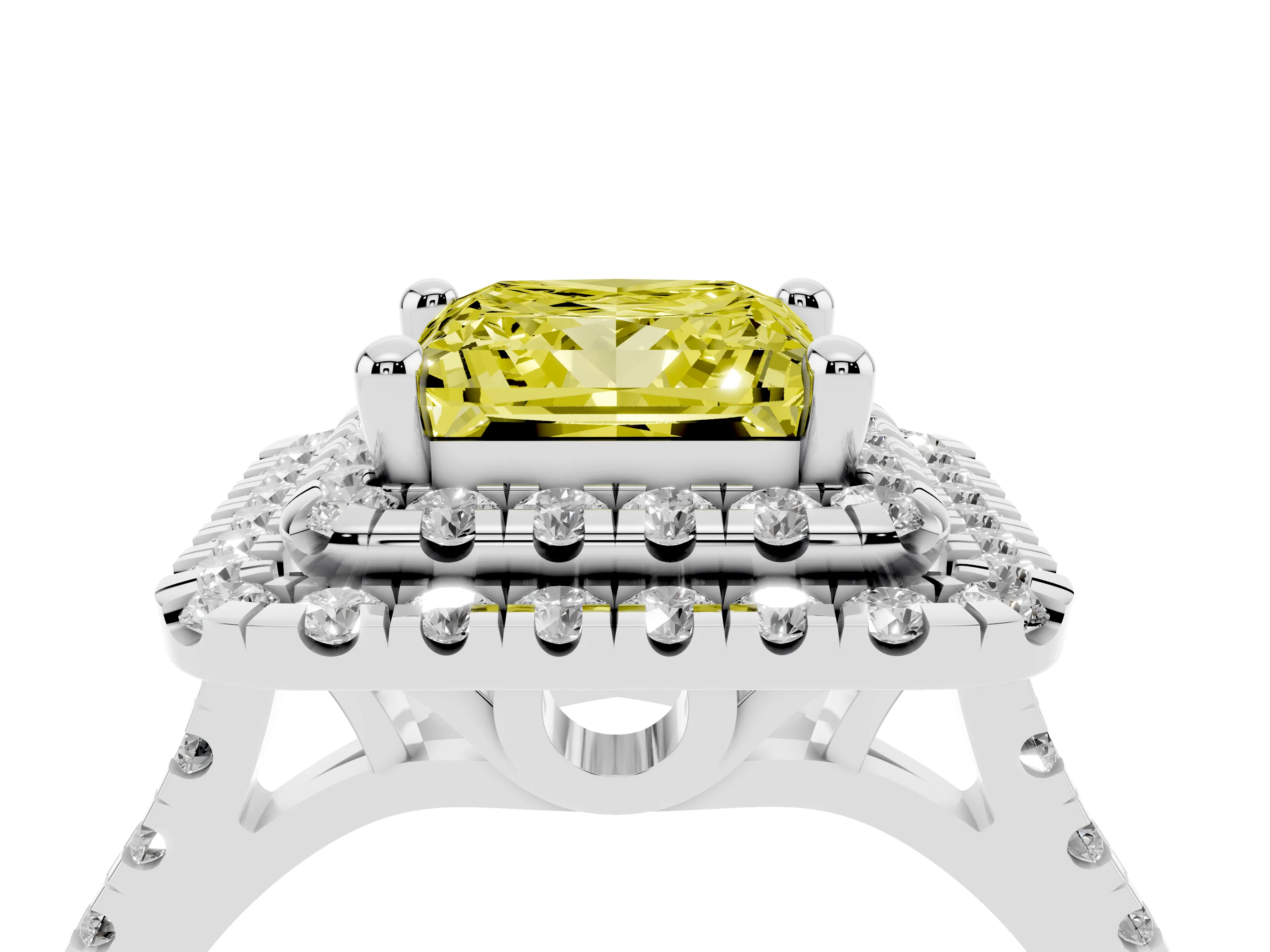 Fancy Yellow Princess Cut Diamond Double Halo Statement Ring Set in White gold with Pavé Band