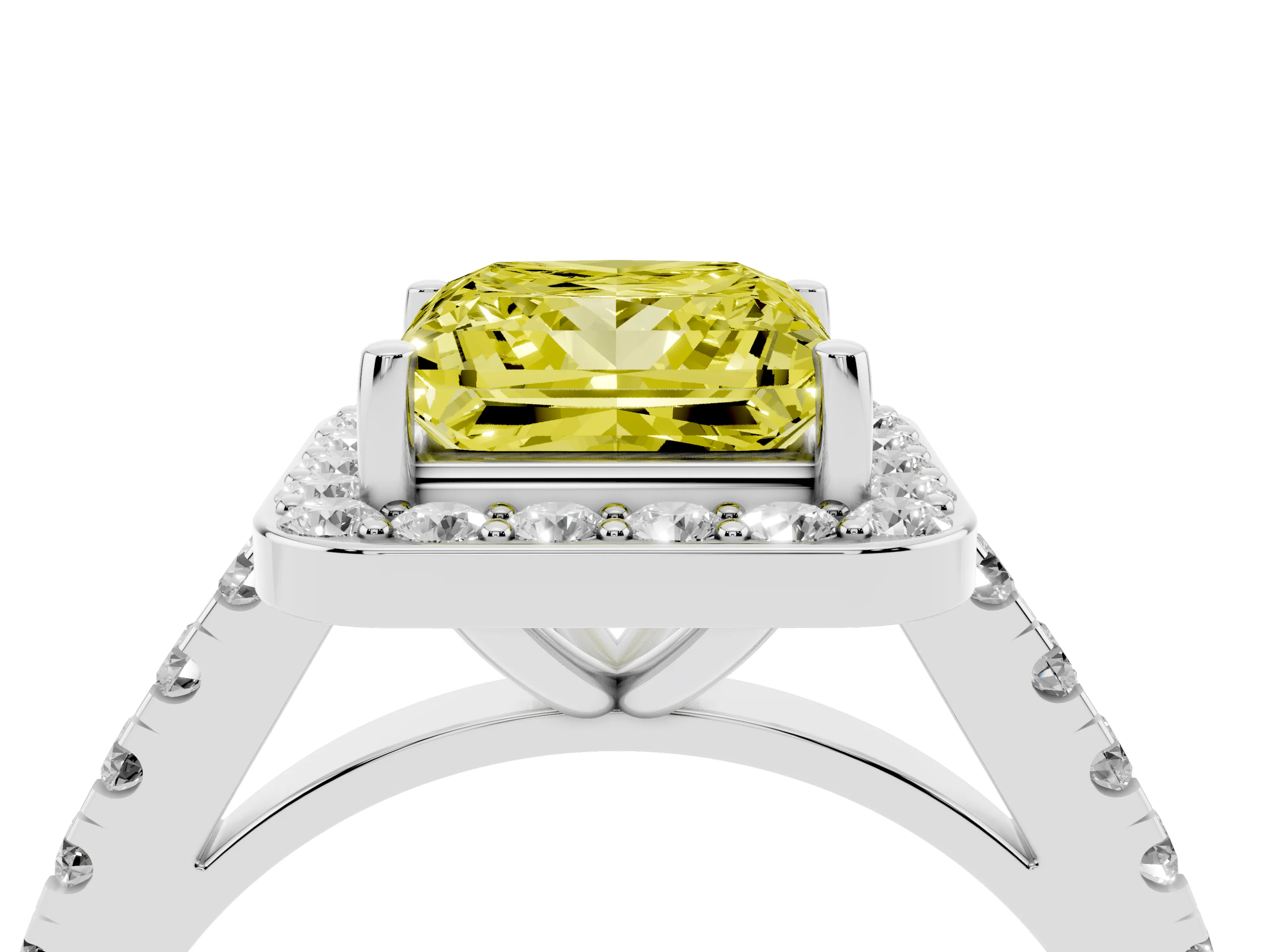 Fancy Yellow Princess Cut Diamond Halo Ring Set in White gold with Round Pavé Split Shank and Prong Setting