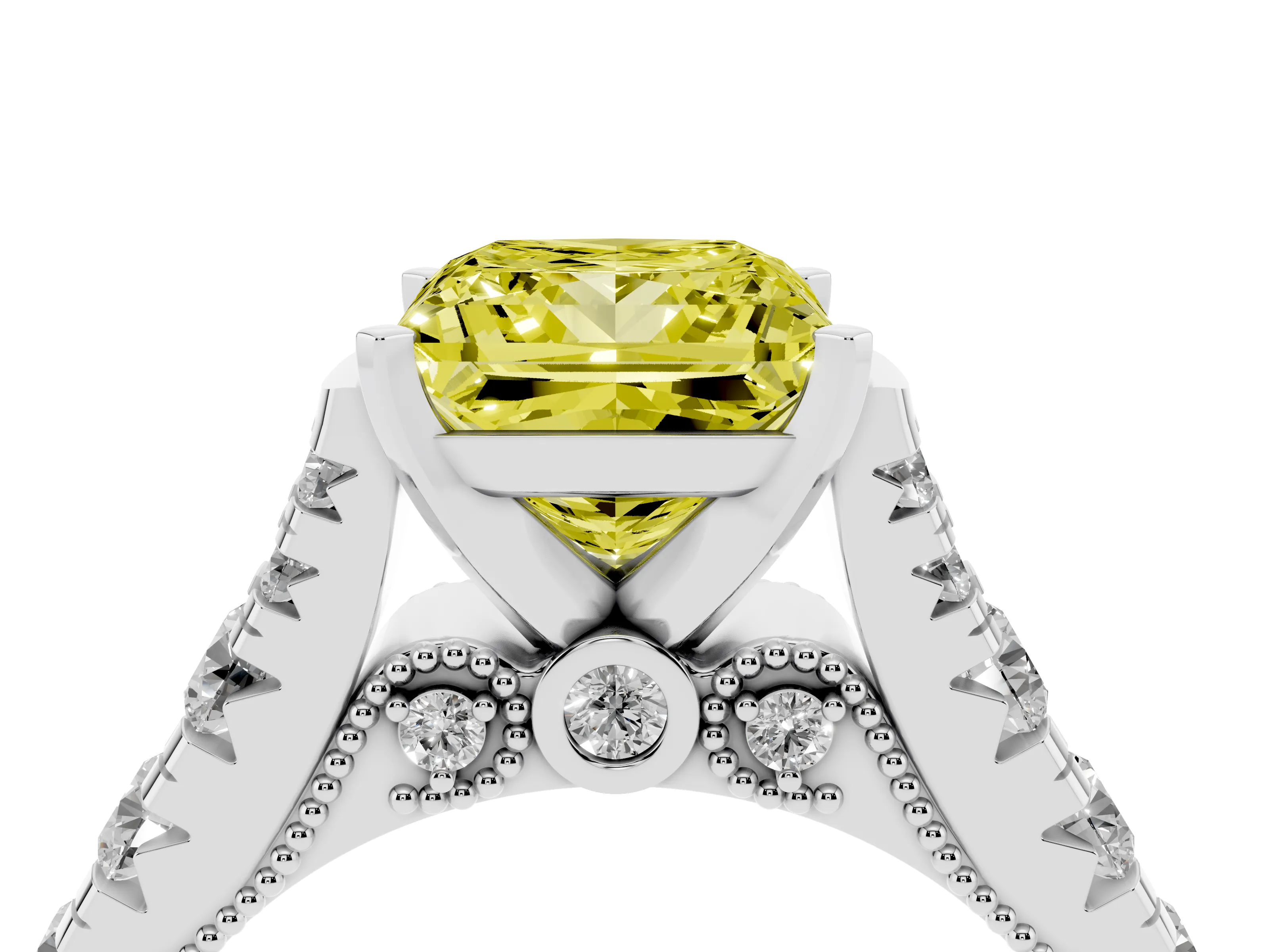 Fancy Yellow Princess Cut Diamond Classic Solitaire Ring Set in Silver with Pavé Band and Prong Setting