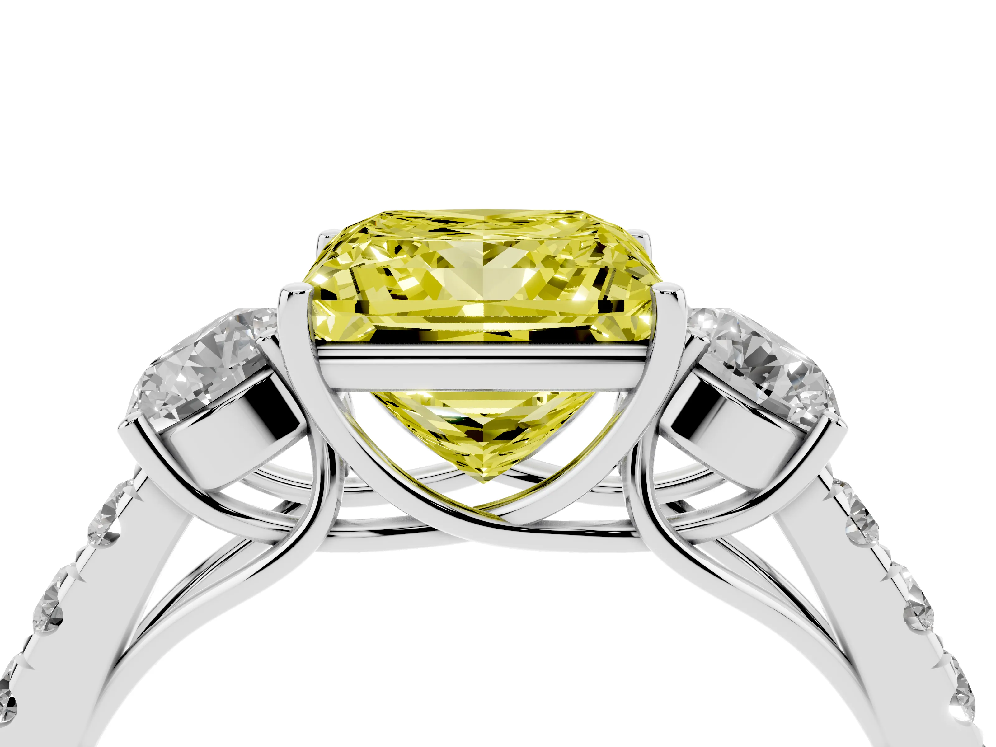 Fancy Yellow Princess Cut Diamond Three-Stone Ring Set in Silver with Round Side Stones and Delicate Pavé Band