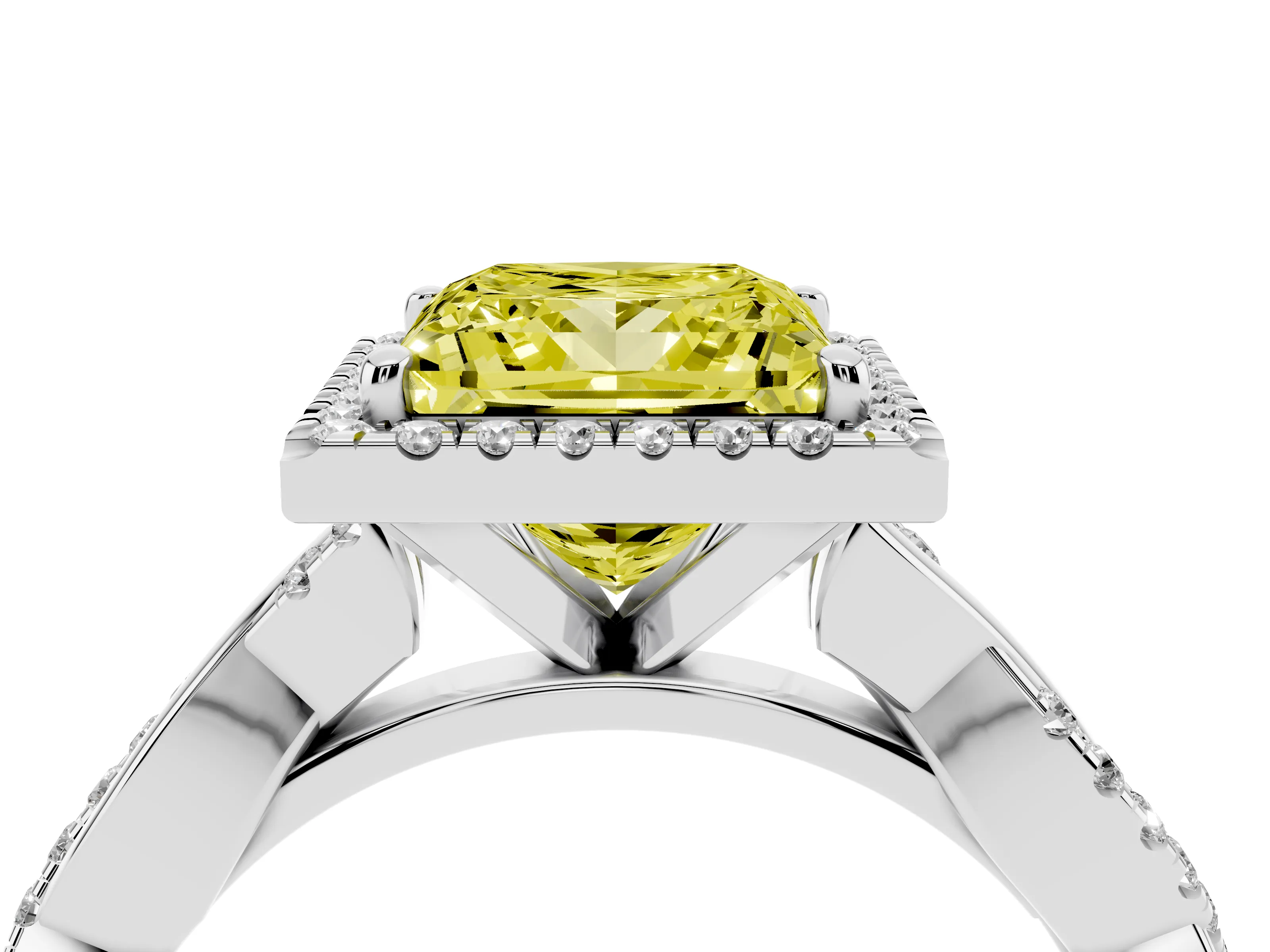 Fancy Yellow Princess Cut Diamond Halo Twisted Band Ring Set in White gold with Prong Setting