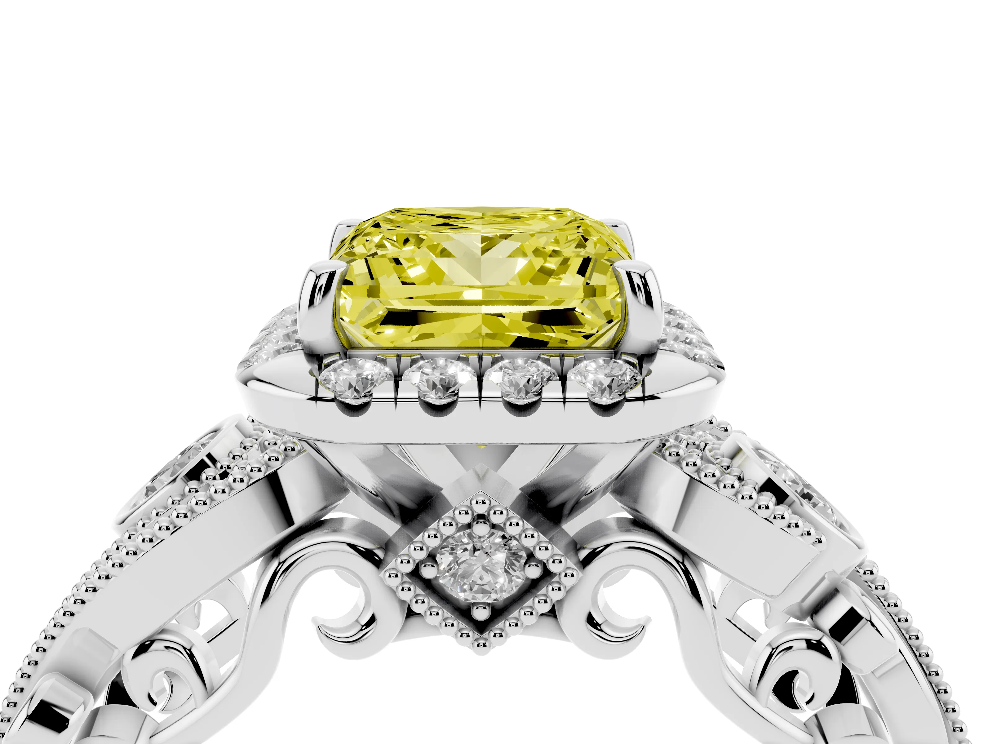 Fancy Yellow Princess Cut Diamond Halo Split Shank Ring Set in White gold with Milgrain and Bezel Accents