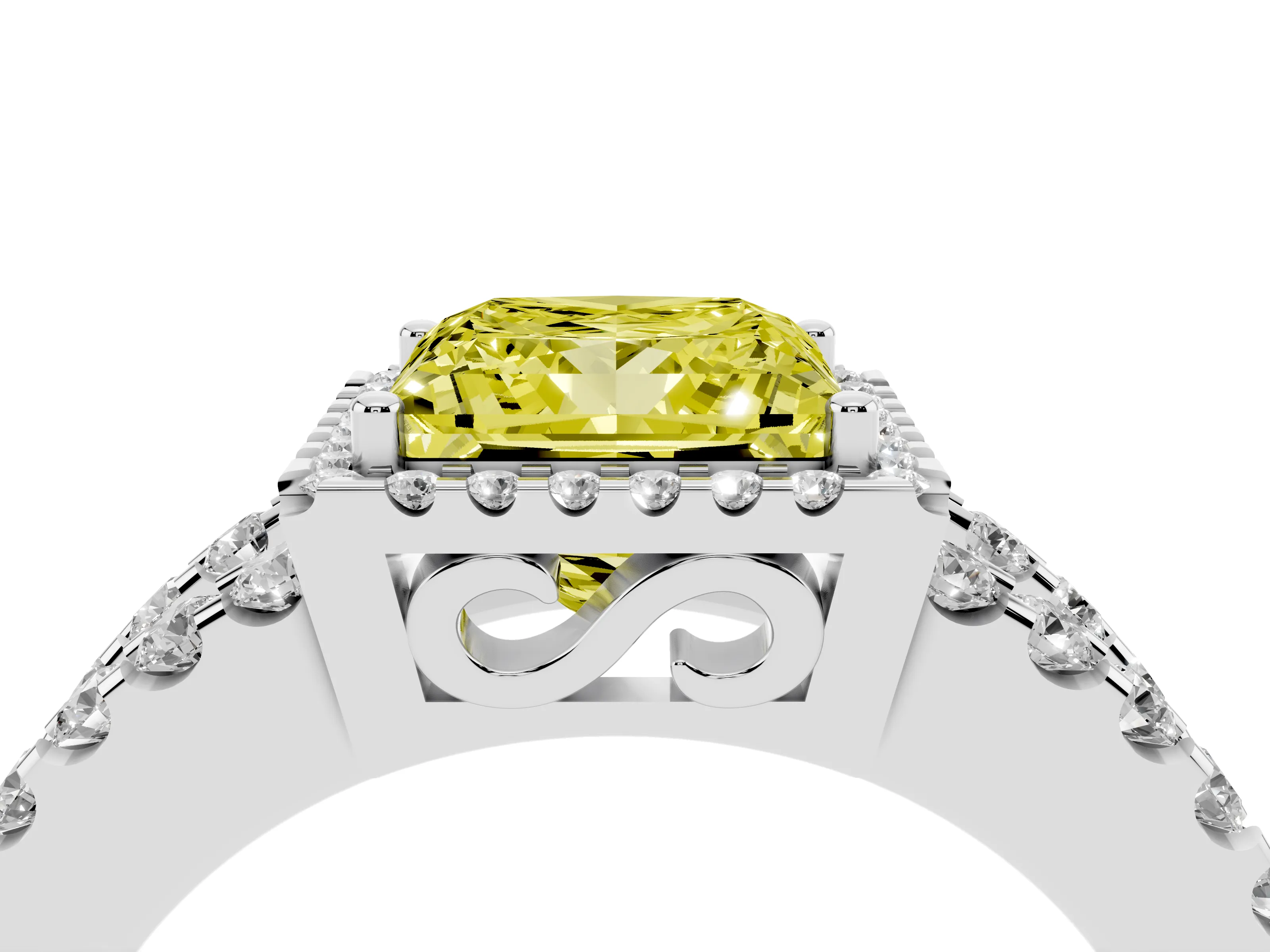 Fancy Yellow Princess Cut Diamond Halo Ring Set in Platinum with Pavé Split Shank and Prong Setting