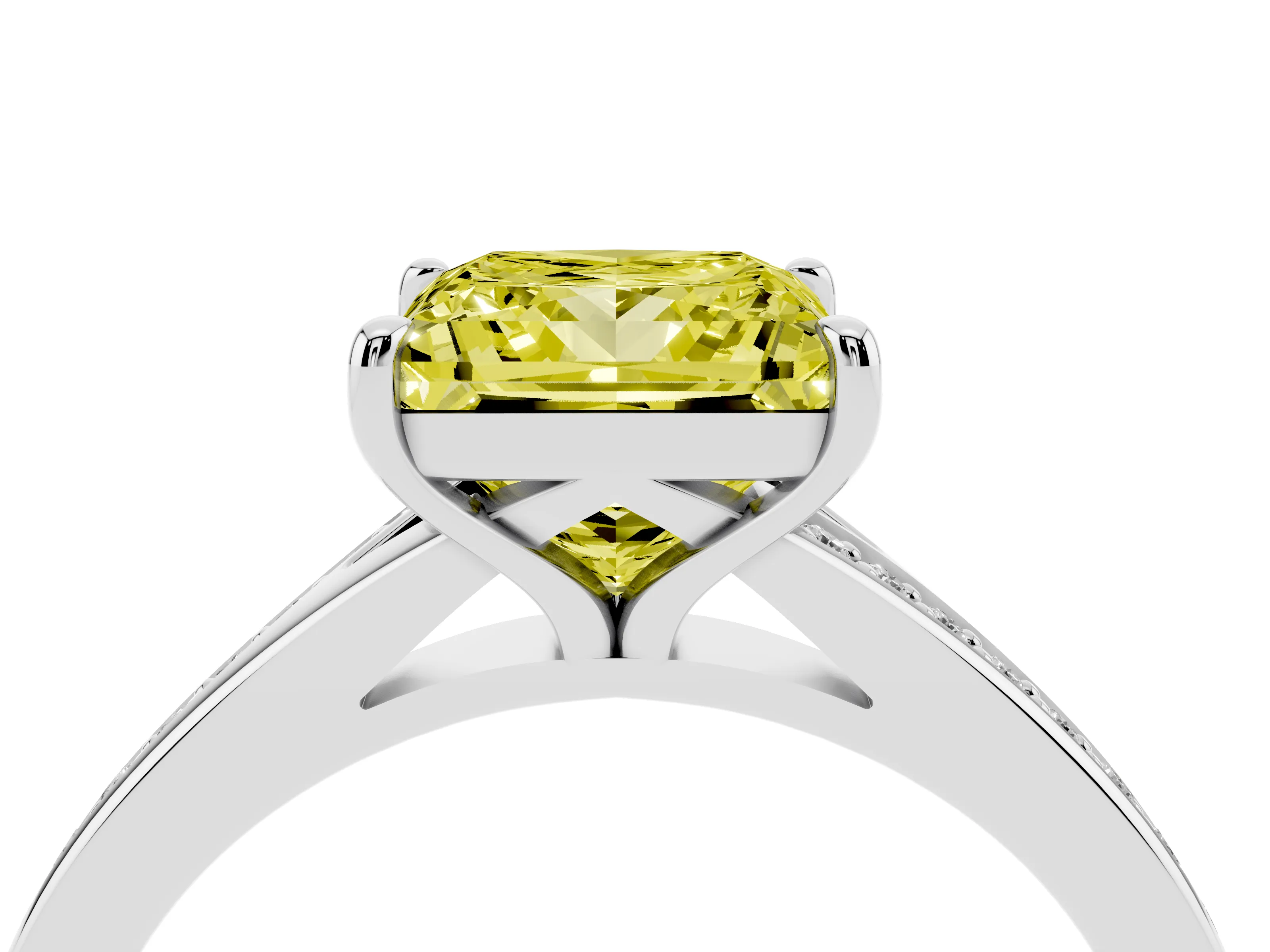 Fancy Yellow Princess Cut Diamond Solitaire Ring Set in Silver with Pavé Accent Band and Classic Prong Setting