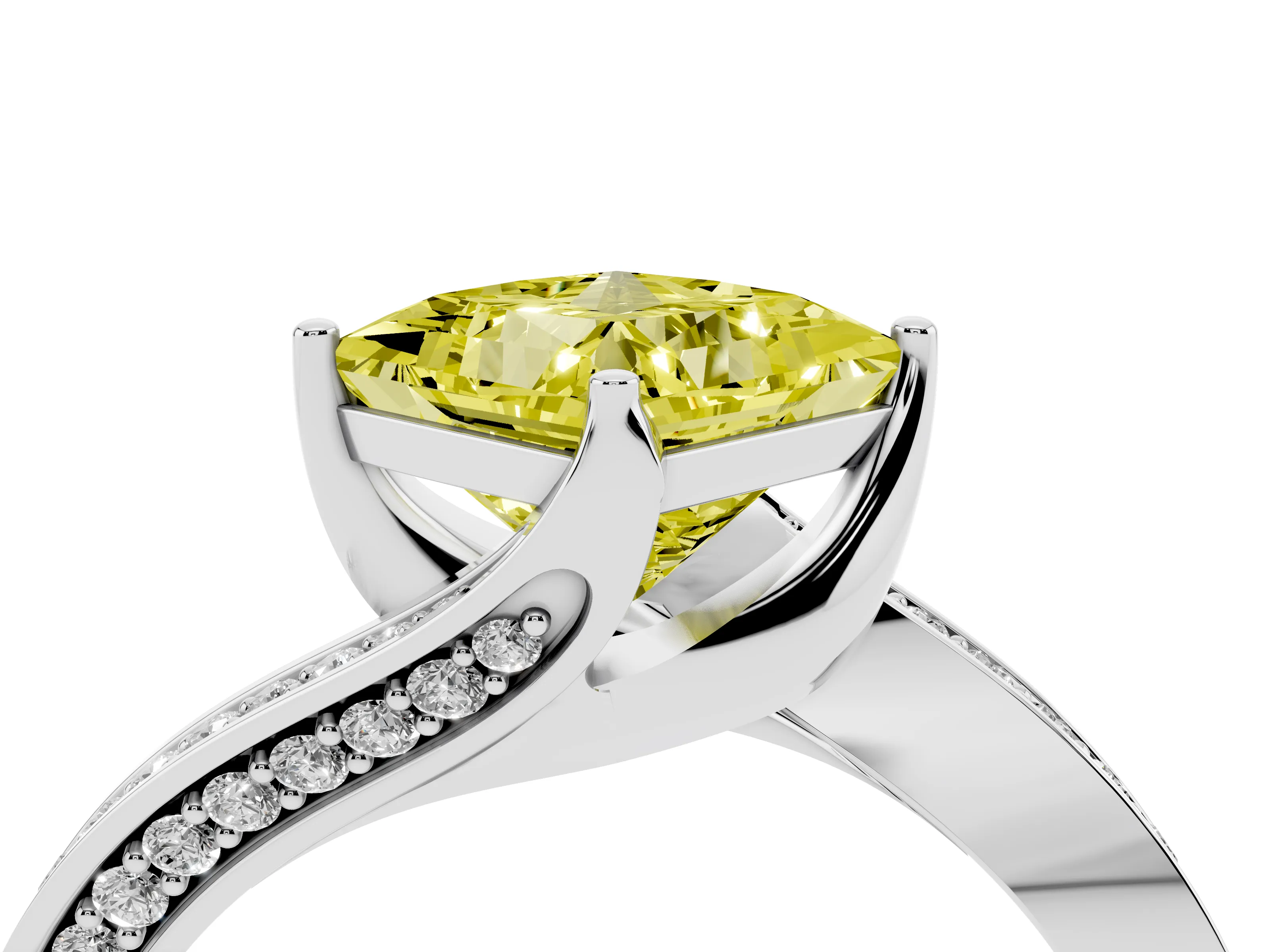 Fancy Yellow Princess Cut Diamond Solitaire Ring Set in Platinum with Intertwined Pavé Twist Band