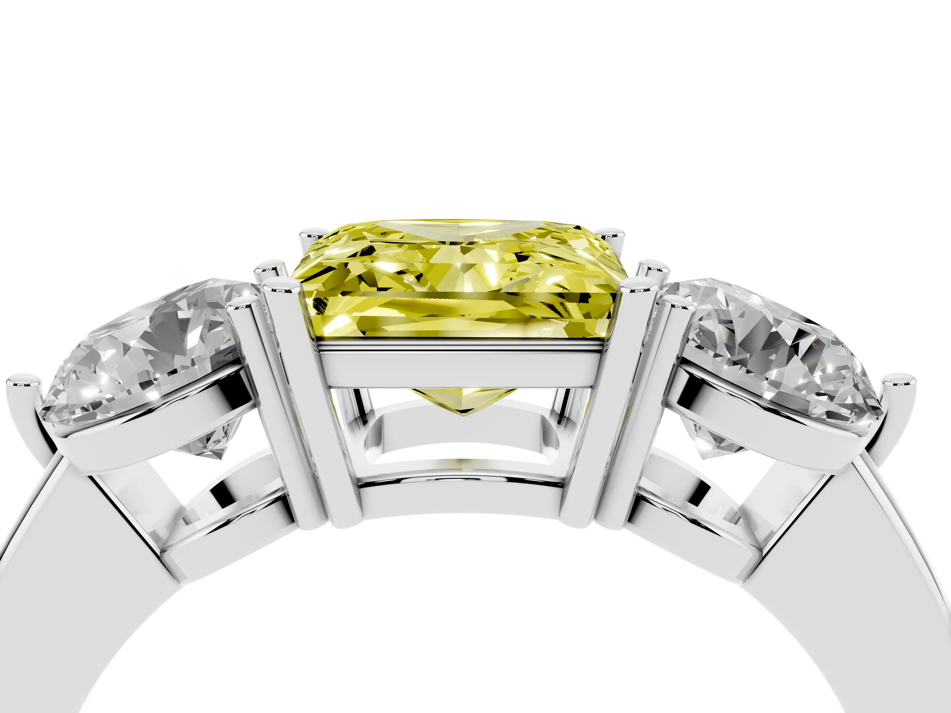 Fancy Yellow Princess Cut Diamond Three-Stone Ring Set in Platinum with Prong Setting and Plain Band