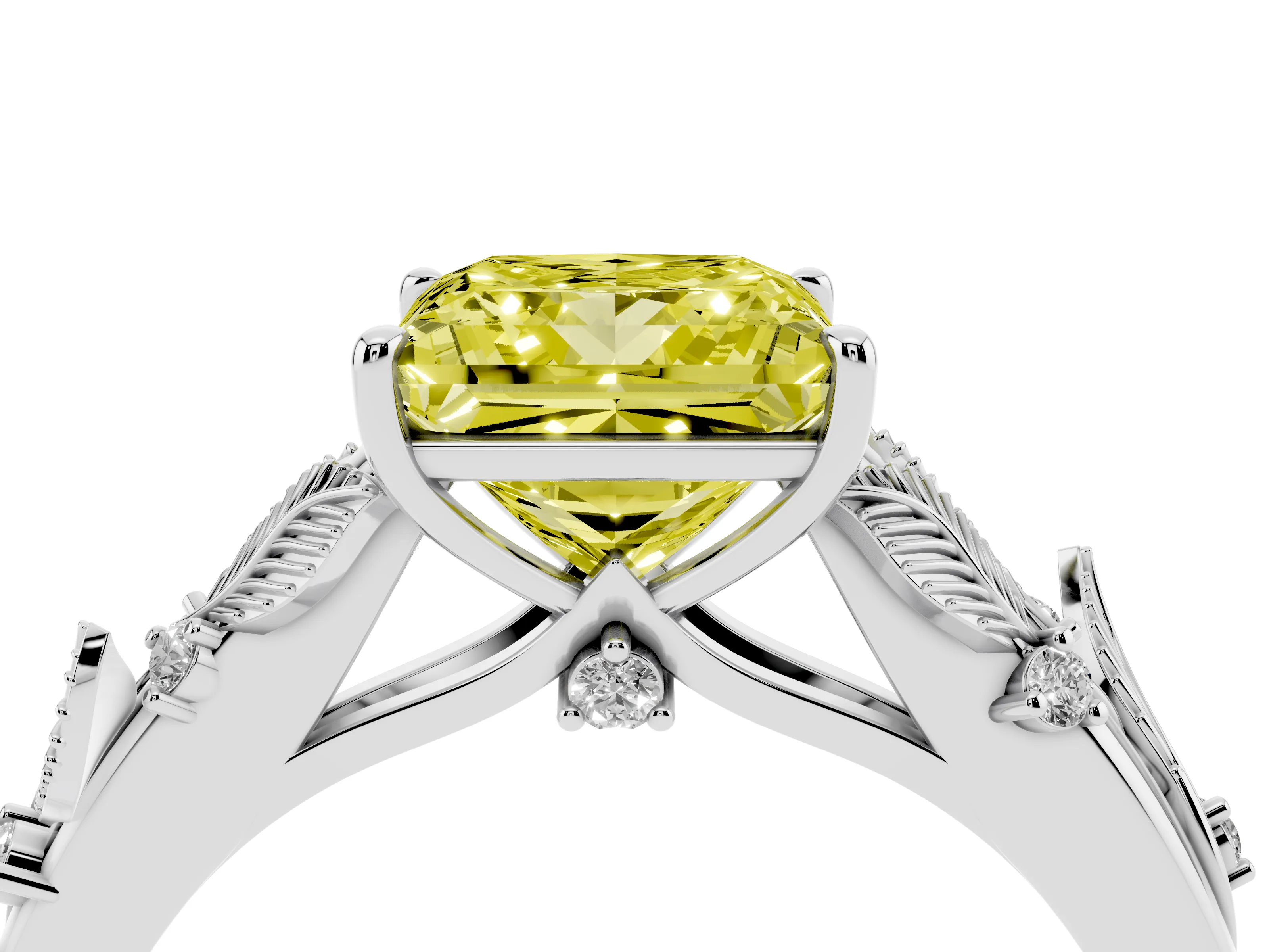 Fancy Yellow Princess Cut Diamond Solitaire Ring Set in Silver with Leaf Motif Band