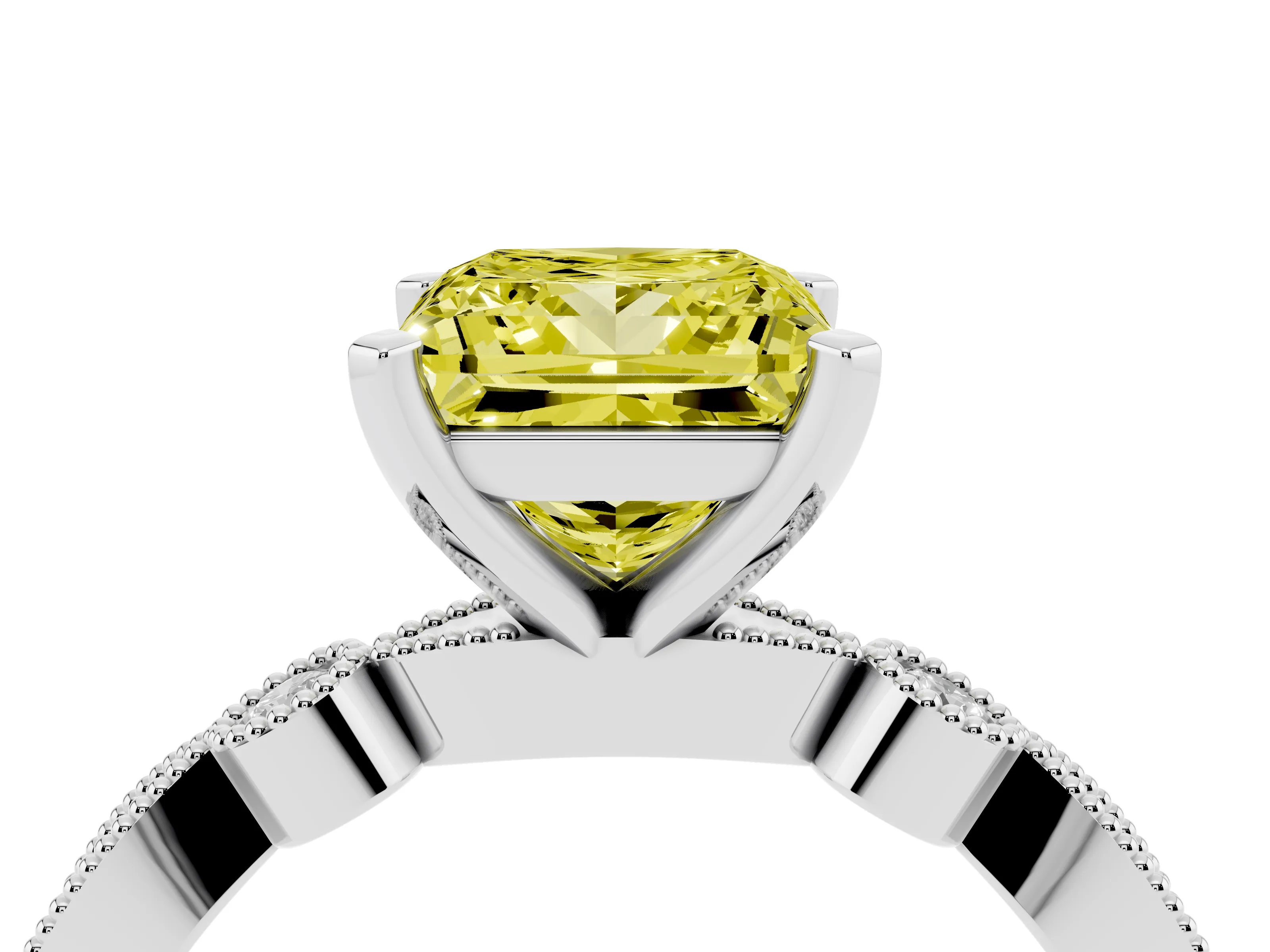 Fancy Yellow Princess Cut Diamond Solitaire Engagement Ring Set in Silver with Milgrain Bezel Accent Band