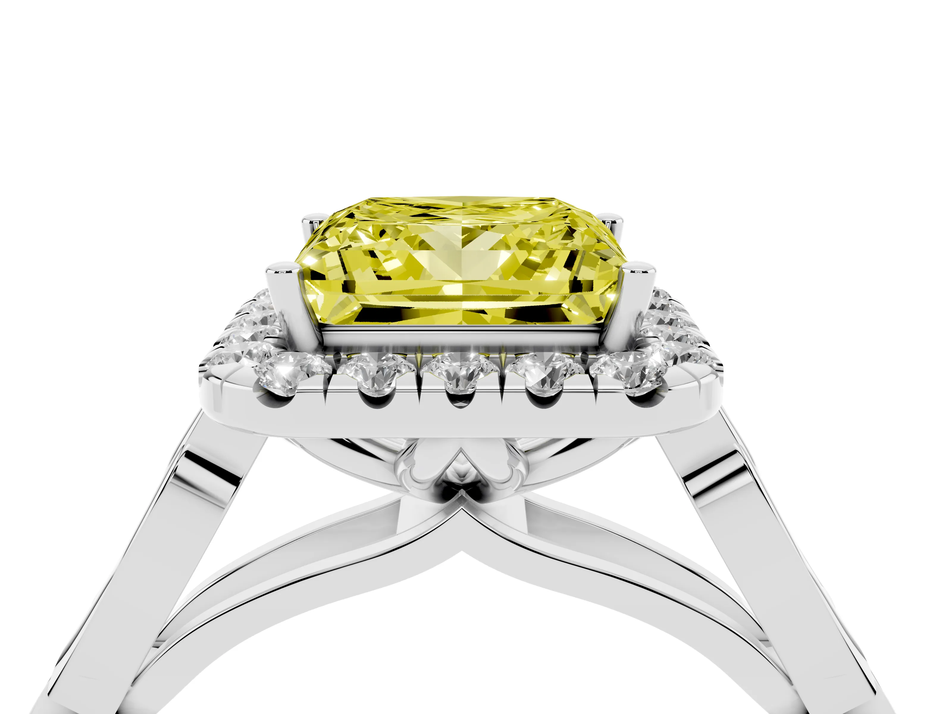 Fancy Yellow Princess Cut Diamond Halo Engagement Ring Set in White gold with Filigree Band and Prong-Set Center