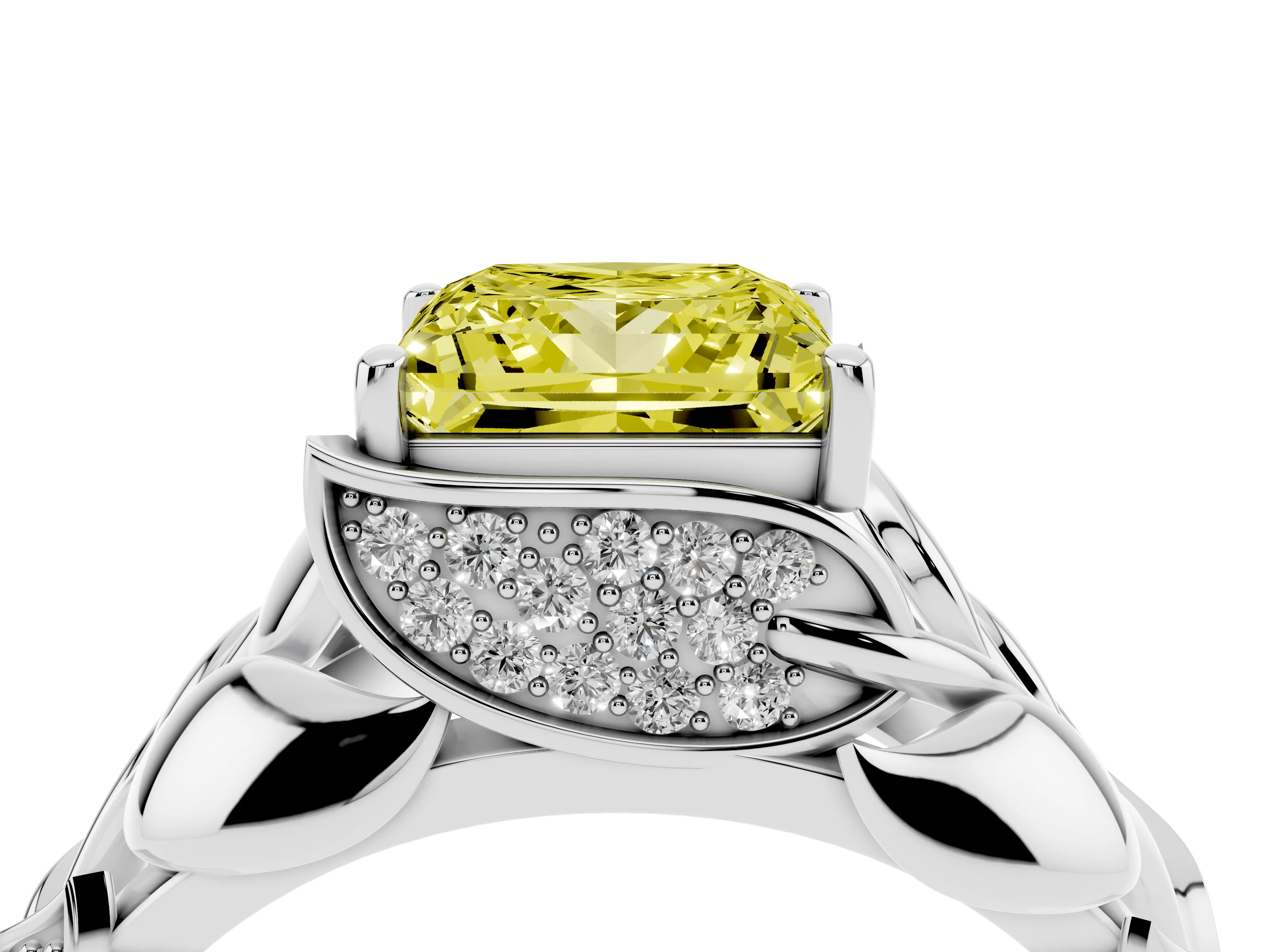 Fancy Yellow Princess Cut Diamond Leaf-Inspired Engagement Ring Set in White gold with Round Accents