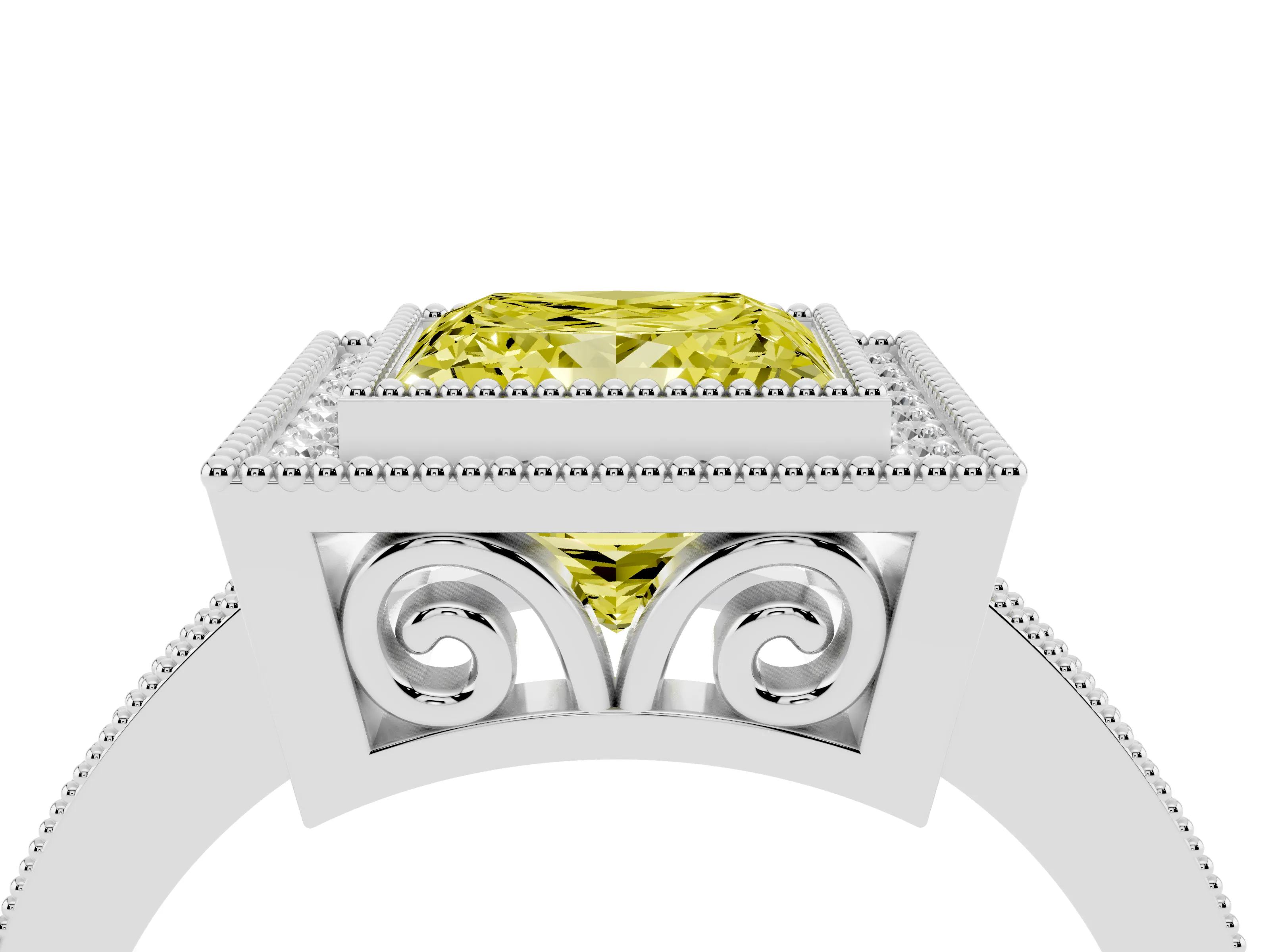 Fancy Yellow Princess Cut Diamond Halo Ring Set in White gold with Pavé Band and Milgrain-Edged Prongs