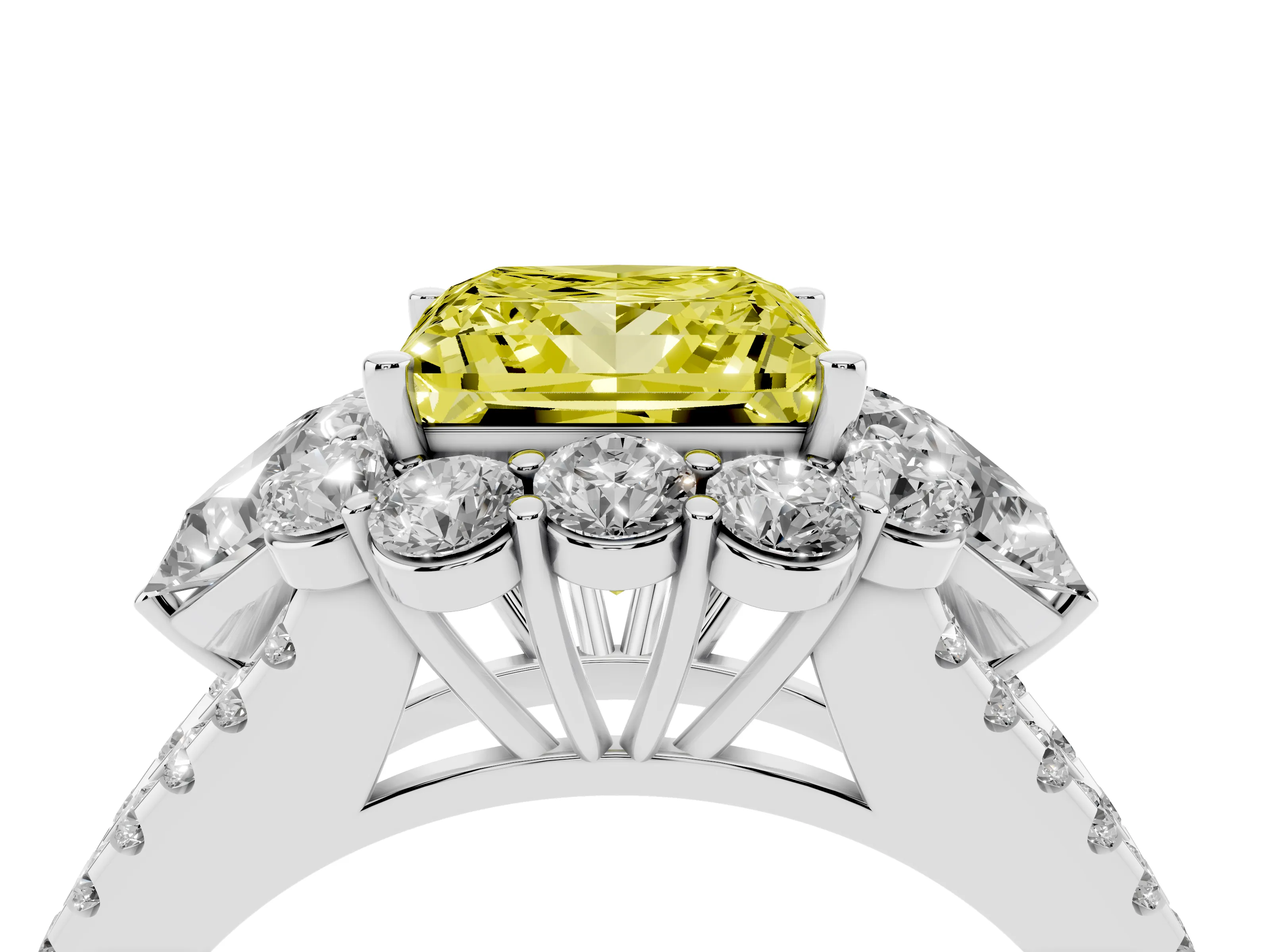 Fancy Yellow Princess Cut Diamond Halo Split Shank Engagement Ring Set in Platinum with Prong-Held Center Stone